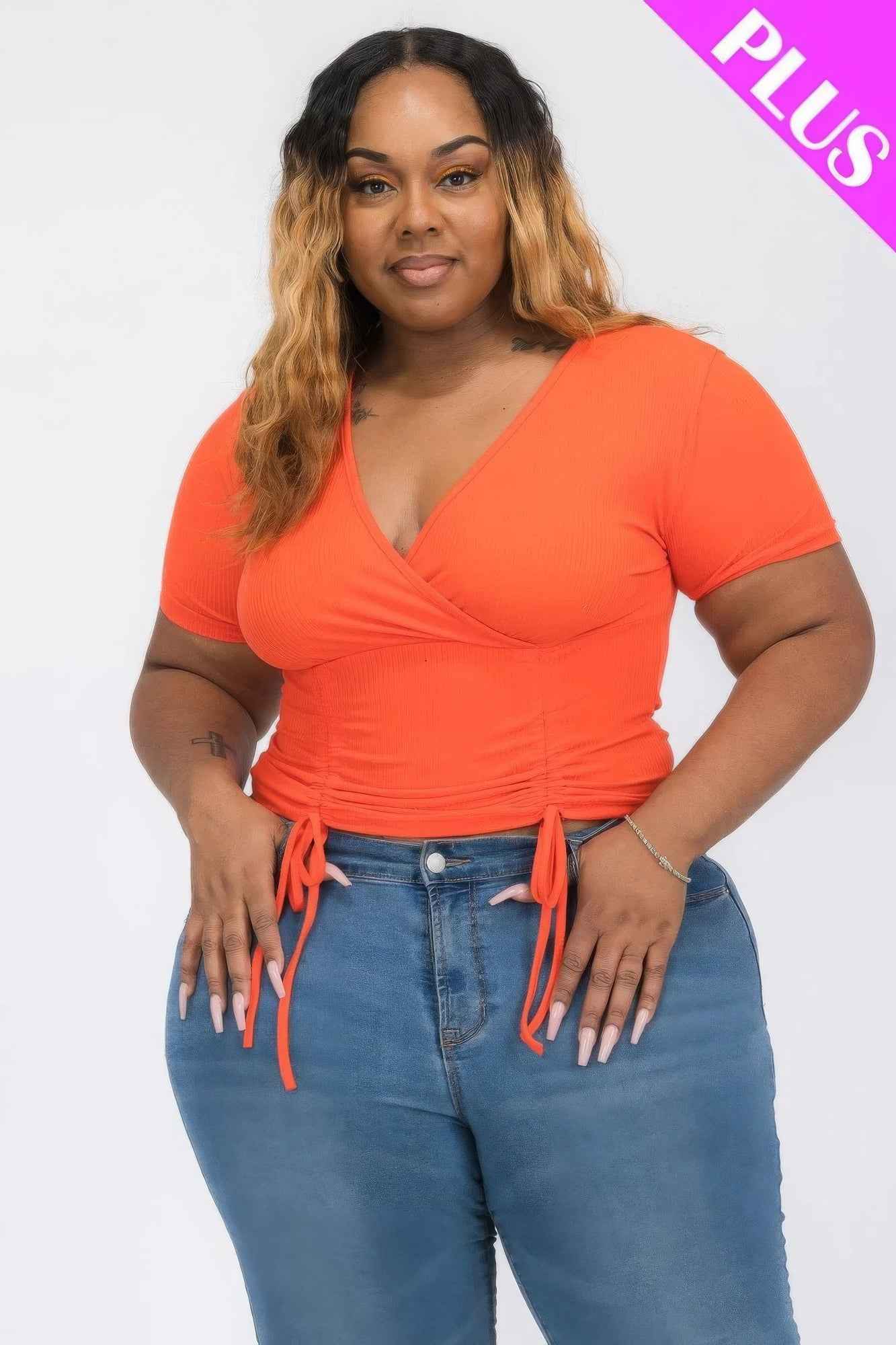Plus Size Plus Ribbed Ruched Drawstring Surplice Top β Stylish & Comfortable β menβs fashion, stylish and versatile