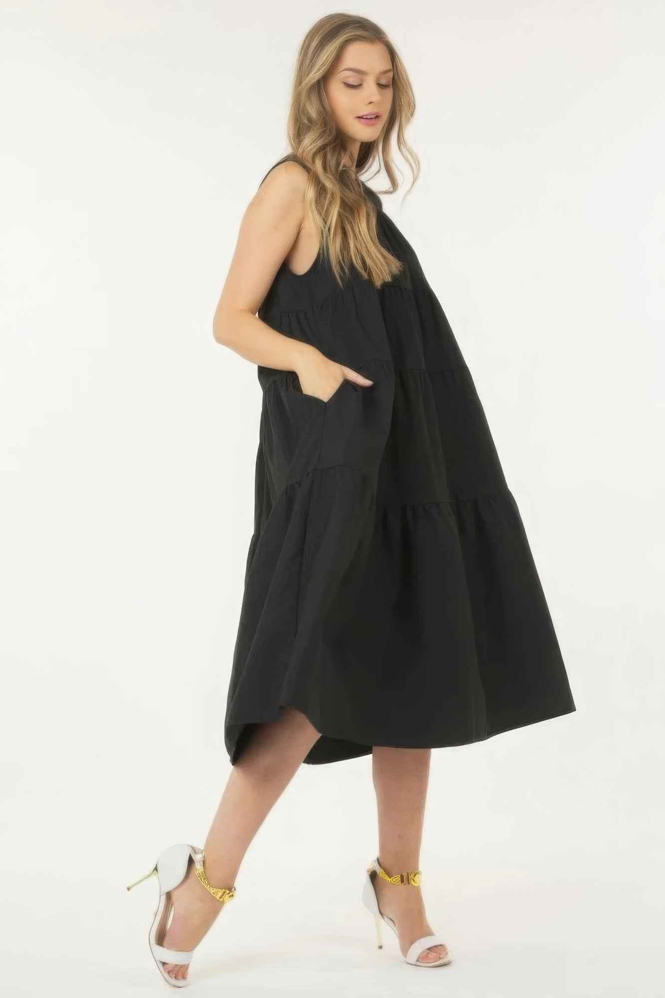 Sale - Sleeveless Basic Stretch Poplin Dress With Layers – On Sale Now