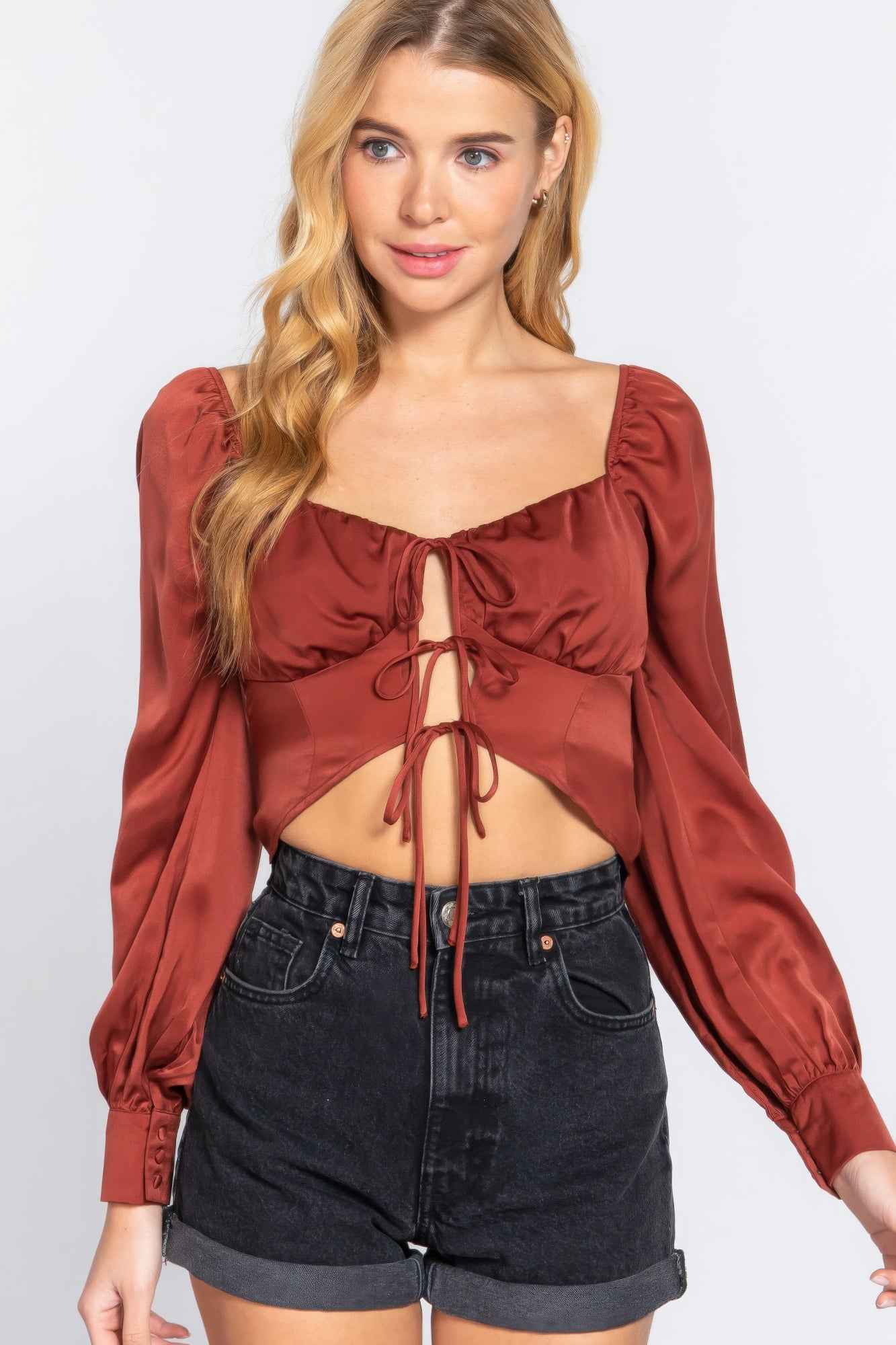 Sale - Long Sleeve Sweetheart Neck Front Ribbon Tie Detail Woven Top – On Sale Now