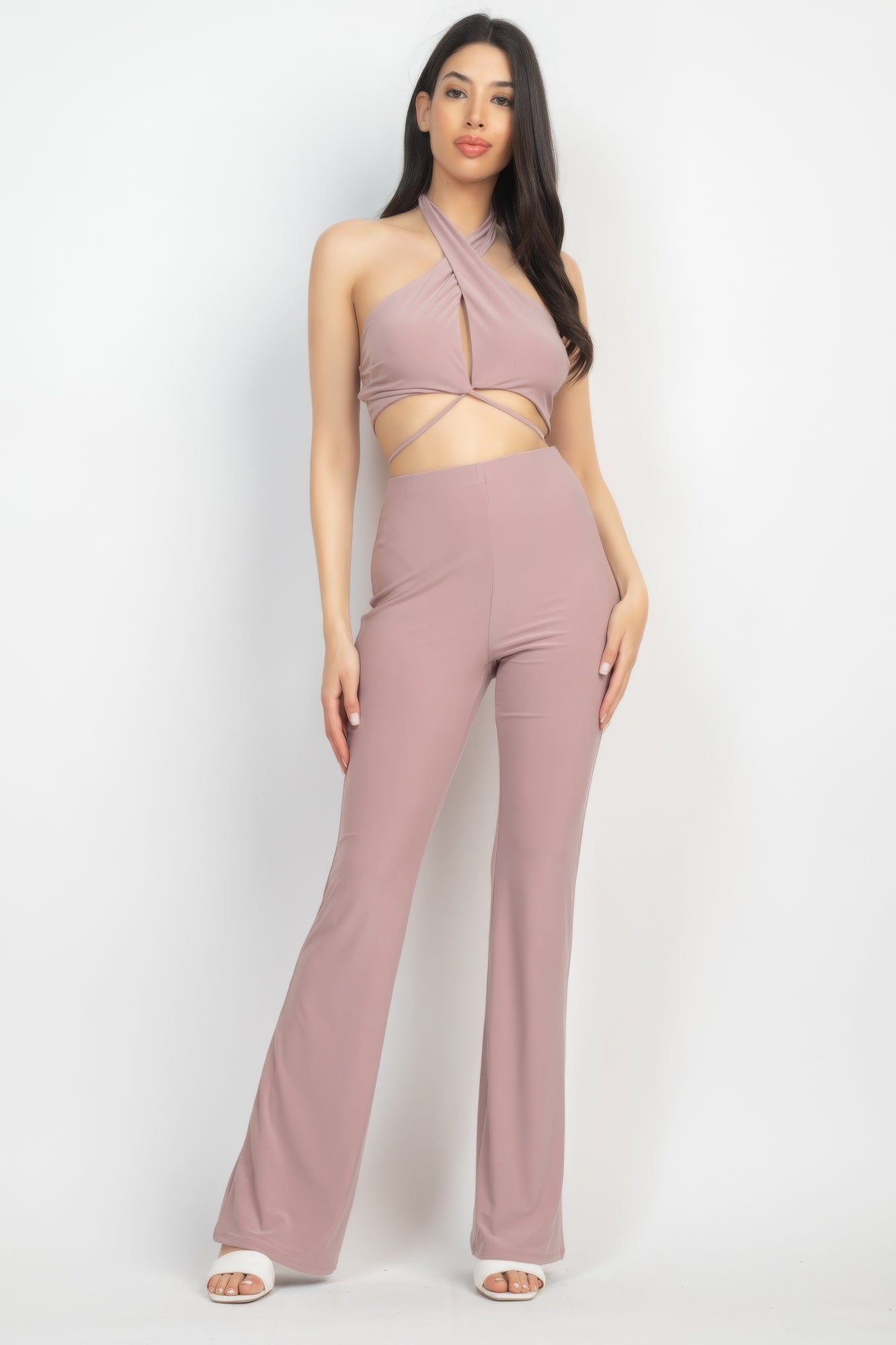 Sale - Solid Halter Top And Elastic Leggings Set – On Sale Now