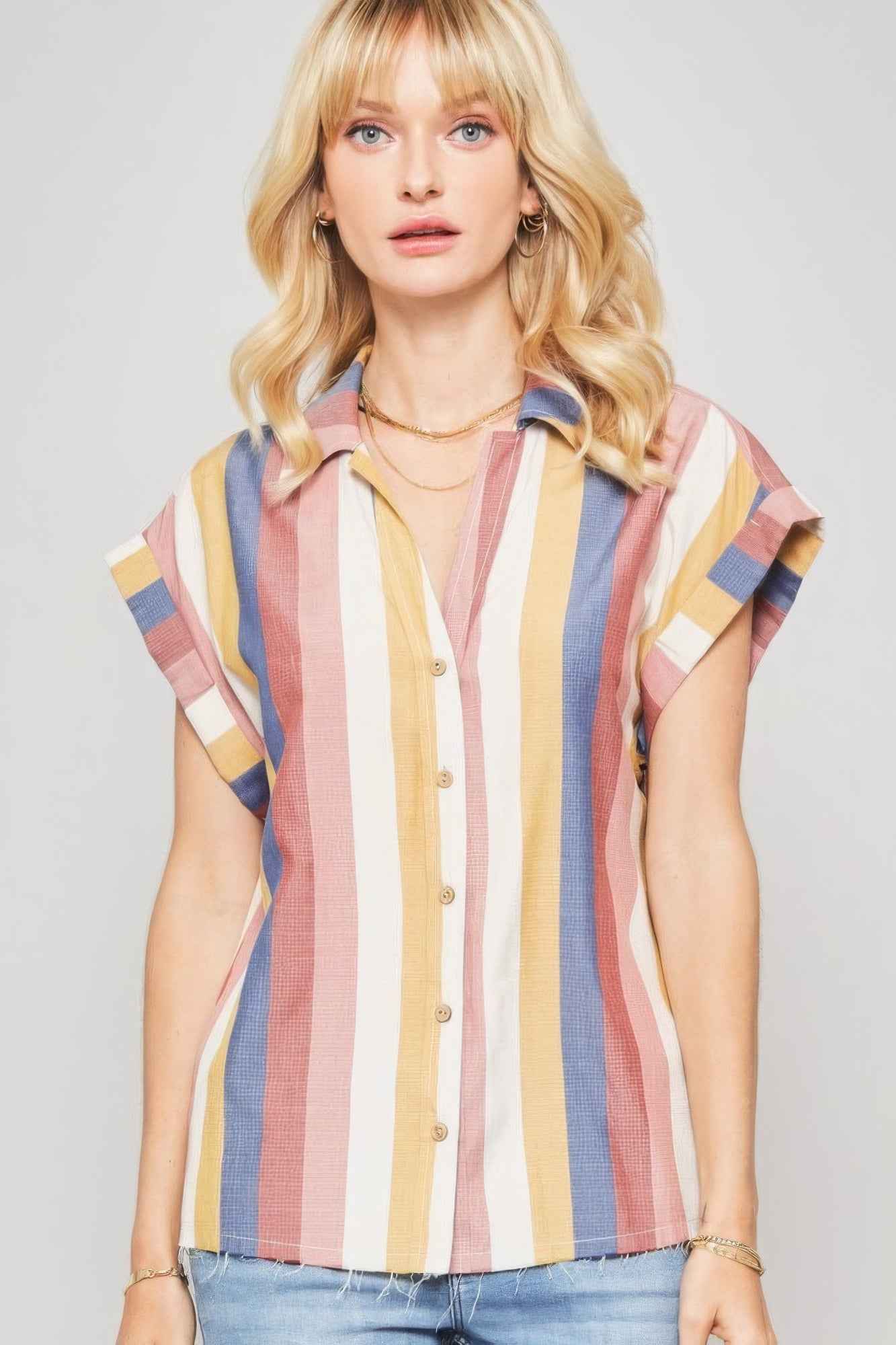 Sale - A Woven Shirt In Multicolor Striped With Collared Neckline – On Sale Now