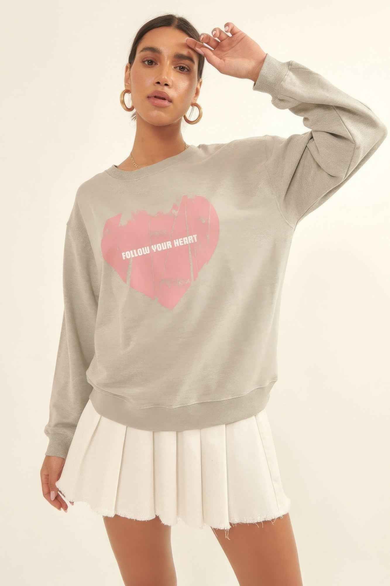 Sale - Vintage-style Heart Graphic Print French Terry Knit Sweatshirt – On Sale Now