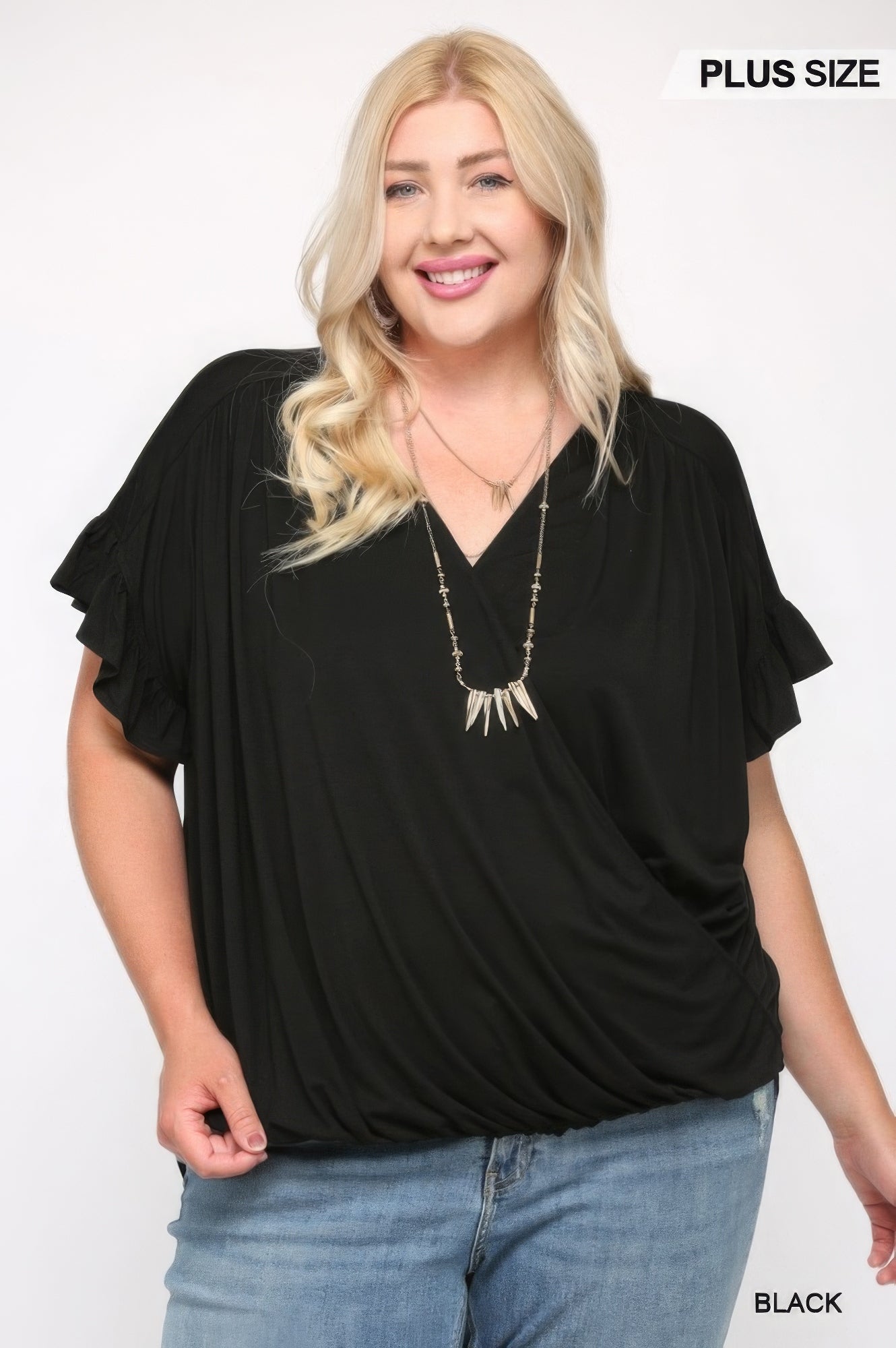 Plus Size Solid Viscose Knit Surplice Top With Ruffle Sleeve β Stylish & Comfortable β menβs fashion, stylish and versatile