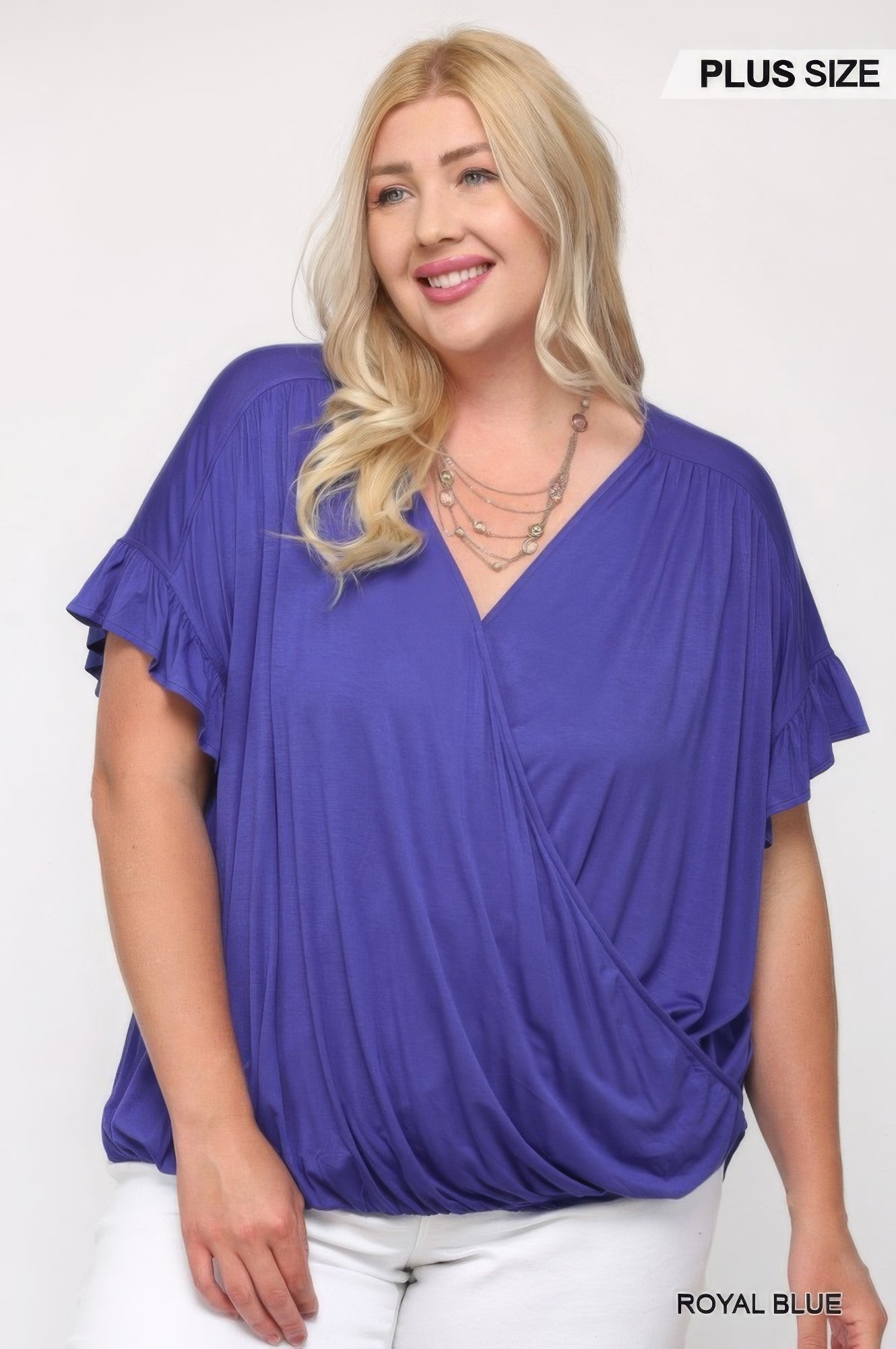 Plus Size Solid Viscose Knit Surplice Top With Ruffle Sleeve β Stylish & Comfortable β menβs fashion, stylish and versatile