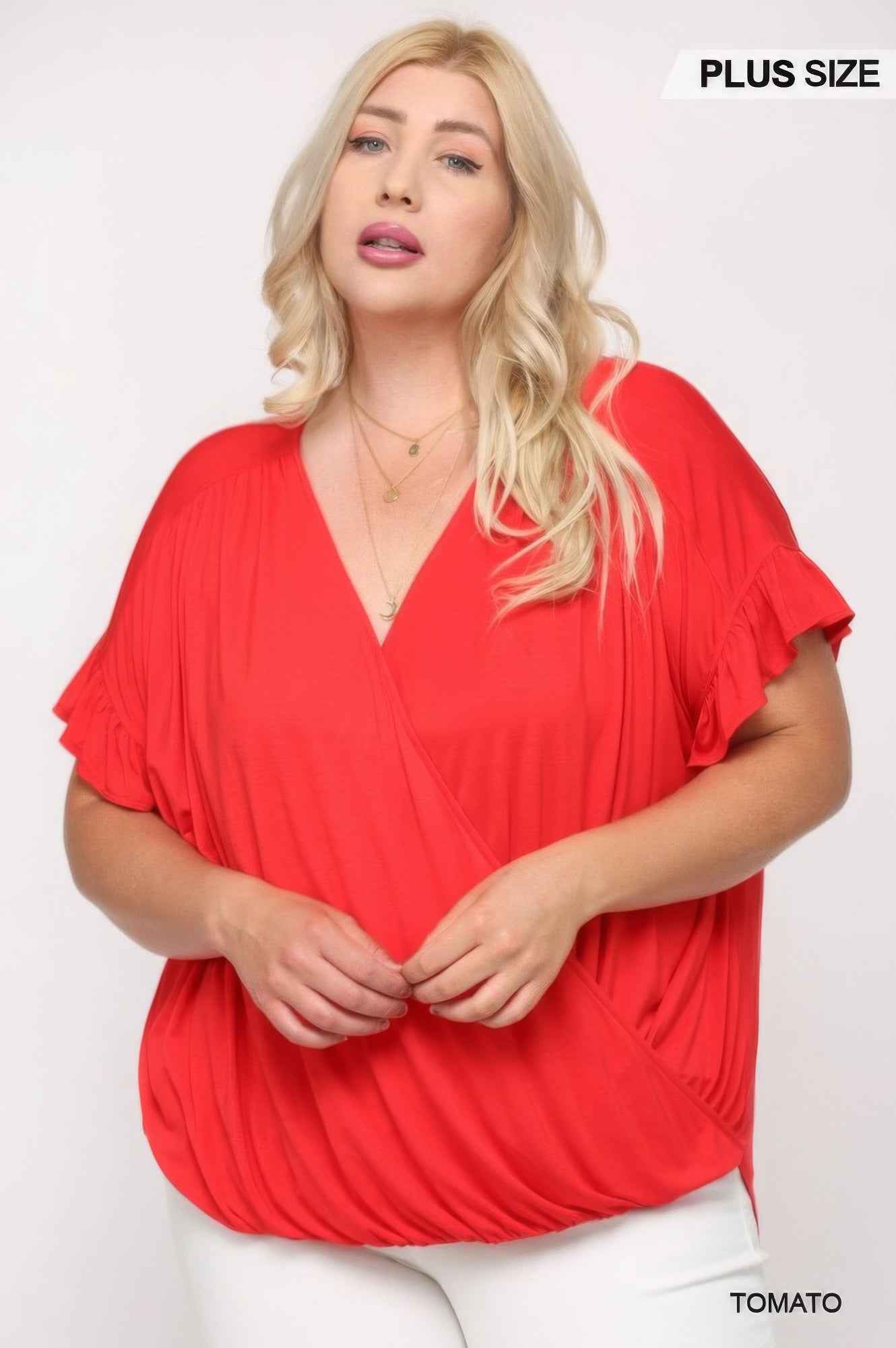 Plus Size Solid Viscose Knit Surplice Top With Ruffle Sleeve β Stylish & Comfortable β menβs fashion, stylish and versatile
