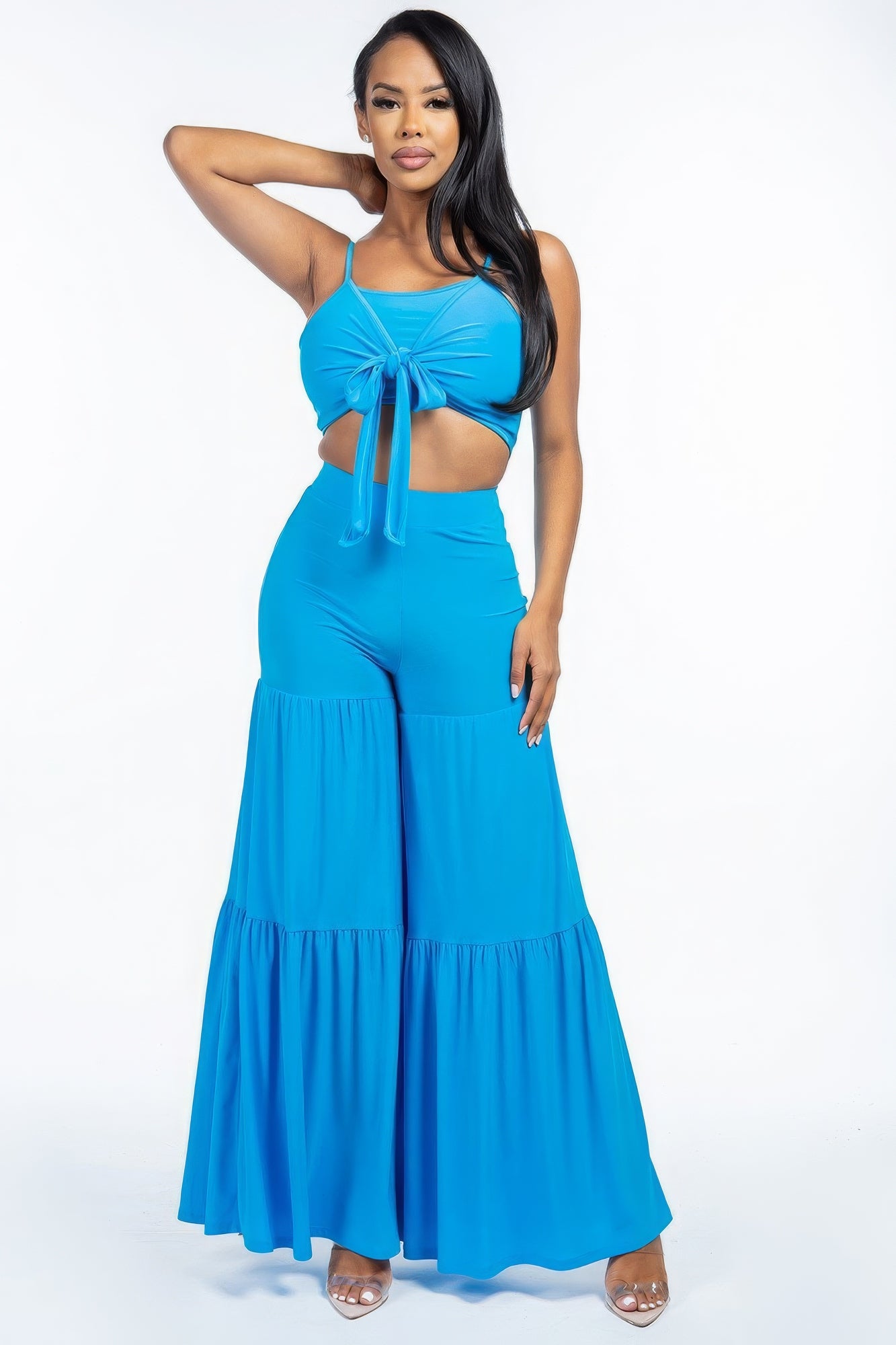 Sale - Solid Tie Front Spaghetti Strap Tank Top And Tiered Wide Leg Pants Two Piece Set – On Sale Now