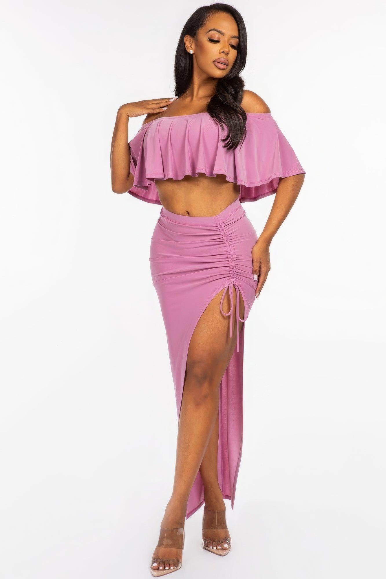 Sale - Solid Ity Off The Shoulder Ruffled Cropped Top And Ruched Maxi Skirt Two Piece Set – On Sale Now