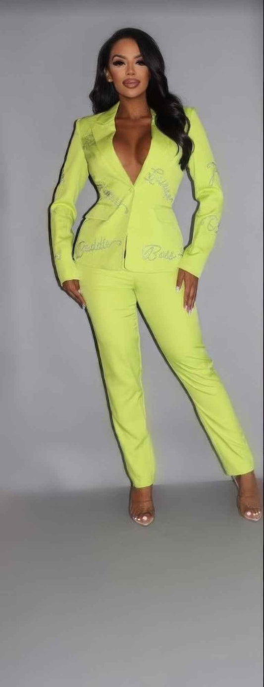 Sale - 2 Piece Powersuit Blazer & Pants Set With Rhinestone Letterings On Blazer – On Sale Now