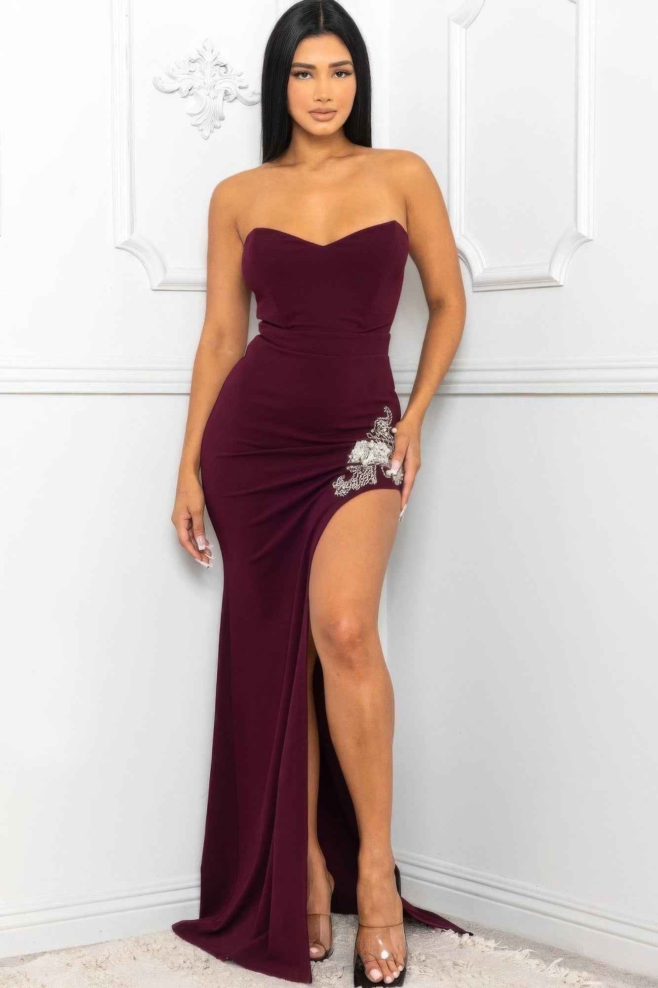 Sale - Beaded Embroidered Near Slit Detail Maxi Ddress – On Sale Now