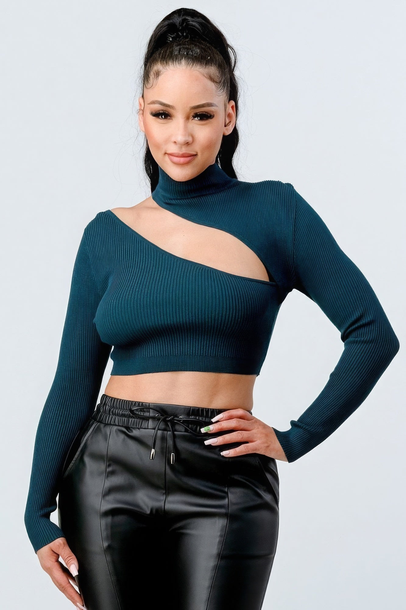 Sale - Lux Sweater Rib Cutout Mock Neck Crop Top – On Sale Now