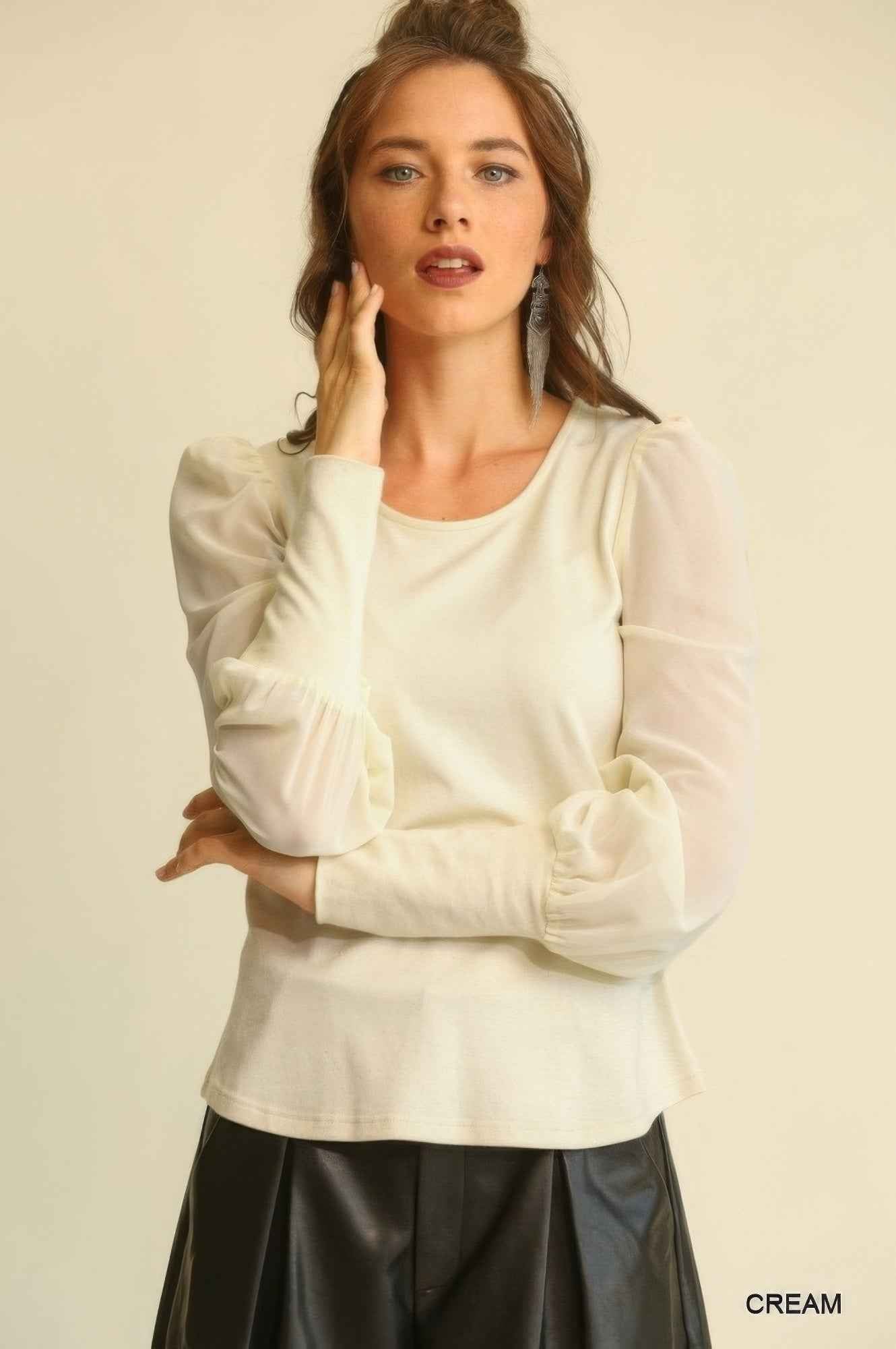 Sale - Solid Knit And Chiffon Mixed Top With Puff Long Sleeve – On Sale Now
