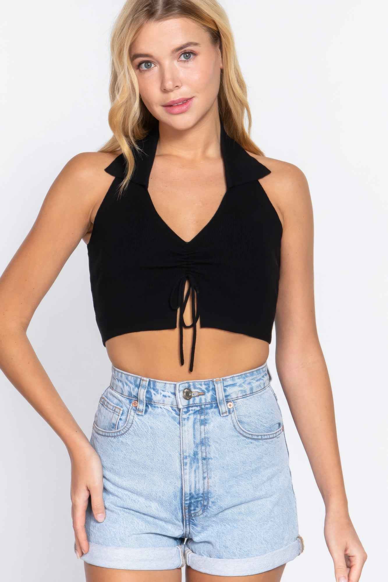 Sale - Halter Ruched Crop Sweater Knit Top – On Sale Now