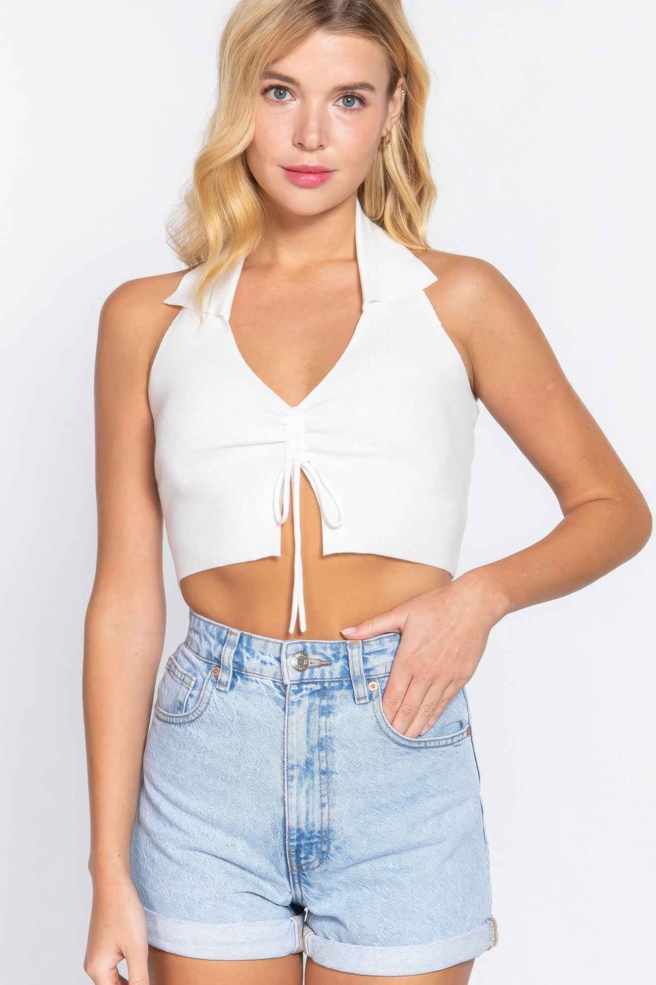 Sale - Halter Ruched Crop Sweater Knit Top – On Sale Now