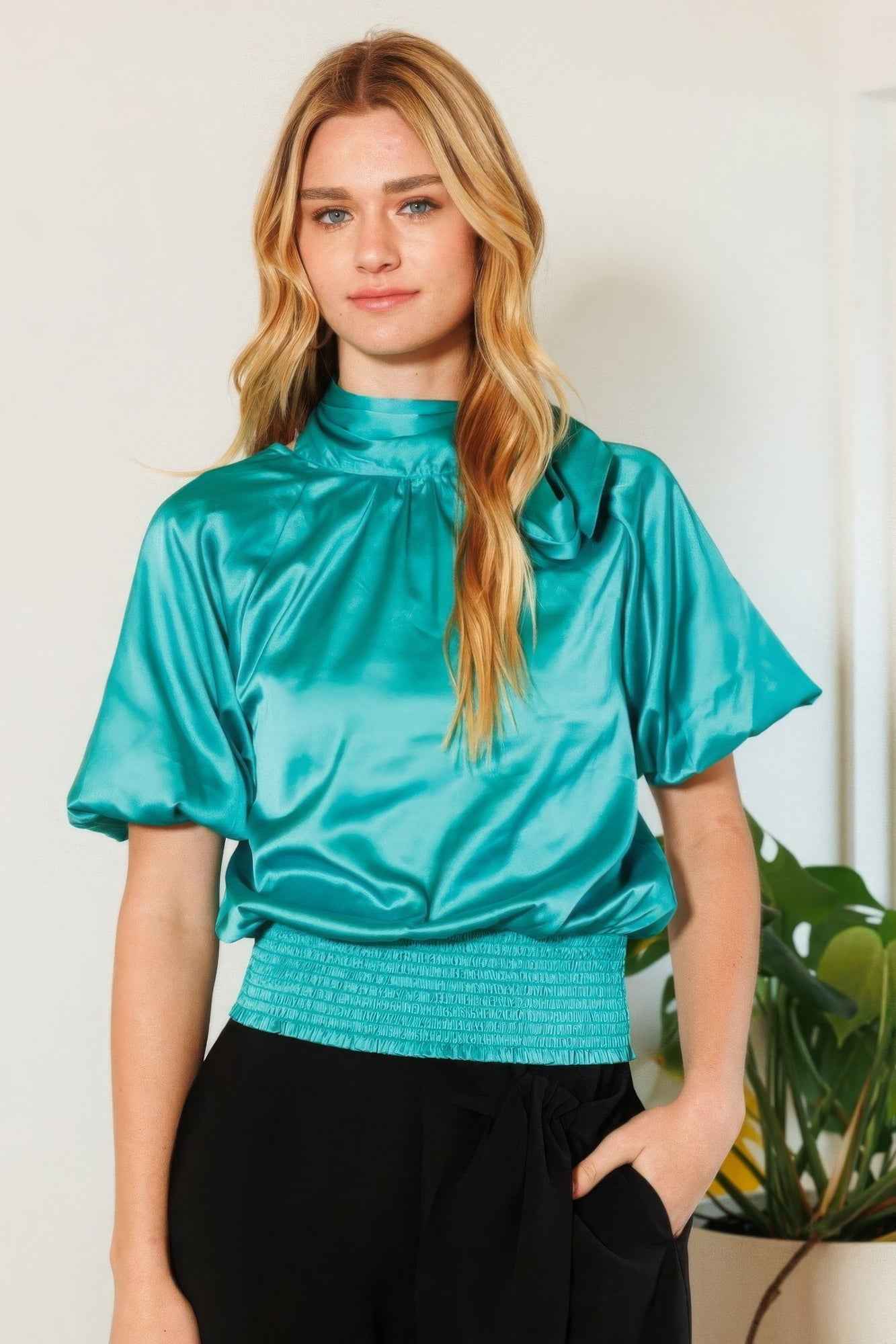 Sale - Waist Smocked Solid Satin Blouse – On Sale Now