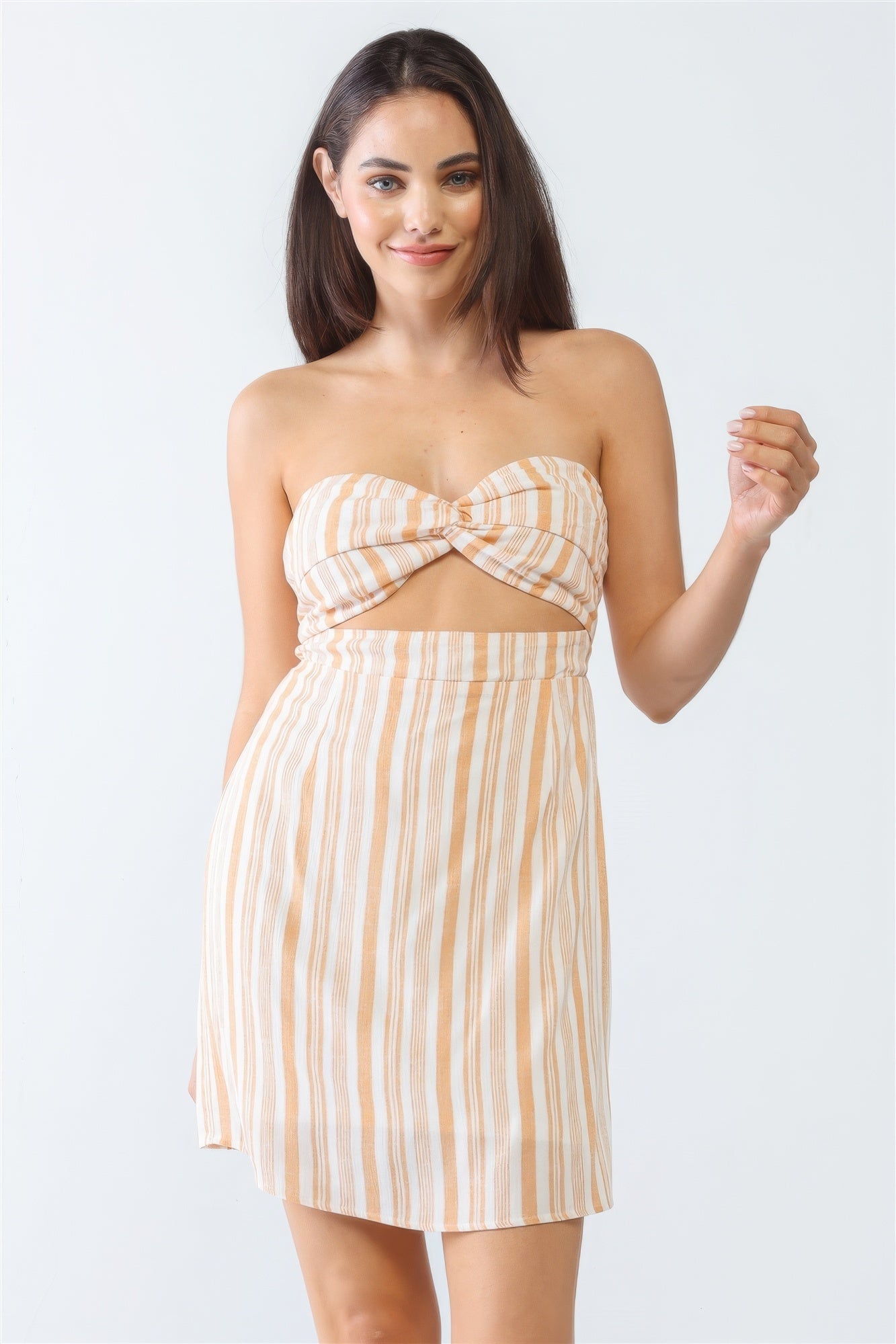 Sale - White & Apricot Stripe Print Strapless Twist Cut-out Smocked Back Mini Dress – On Sale Now