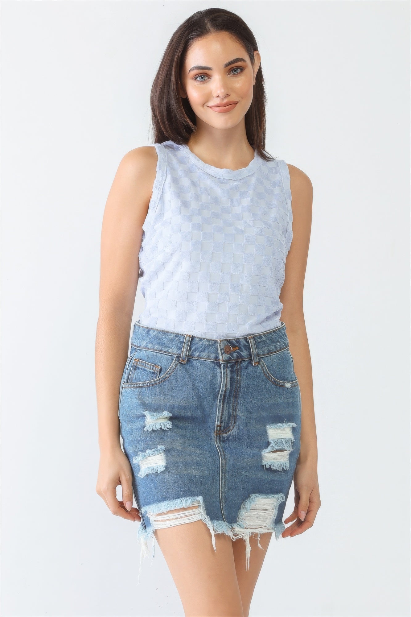 Sale - Baby Blue Chess Cage Print Cotton Blend Sleeveless Bodysuit – On Sale Now