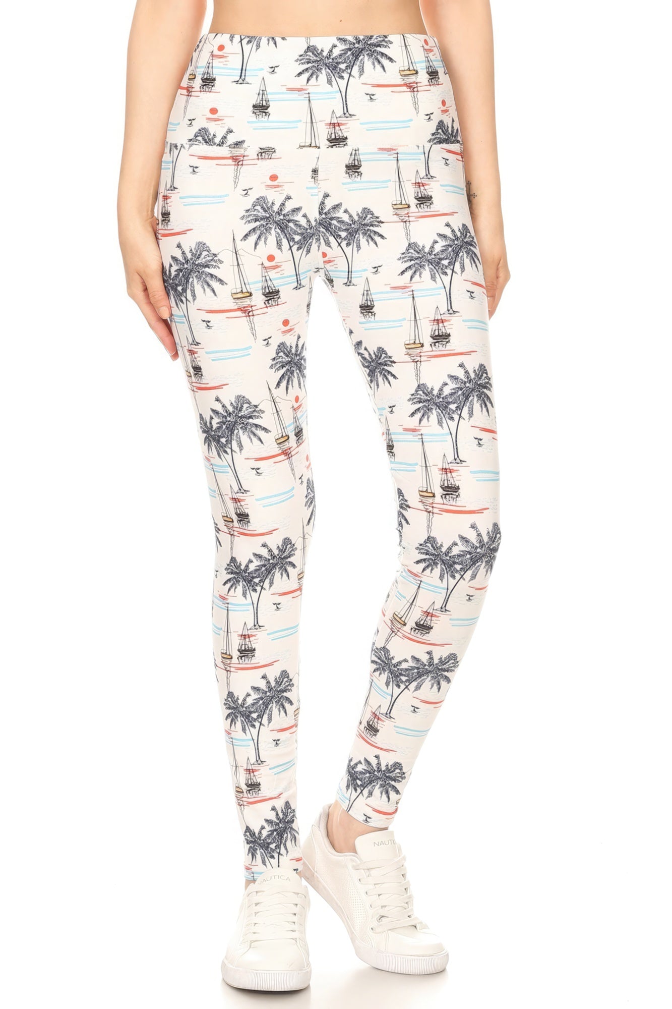 Sale - 5-inch Long Yoga Style Banded Lined Sailor Printed Knit Legging With High Waist – On Sale Now