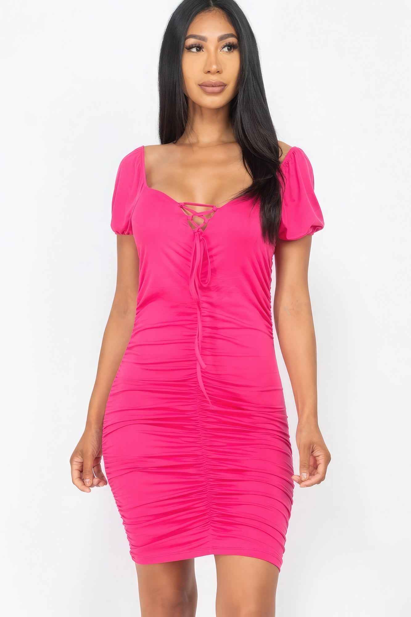 Sale - Front Lace Up Ruched Mini Dress – On Sale Now