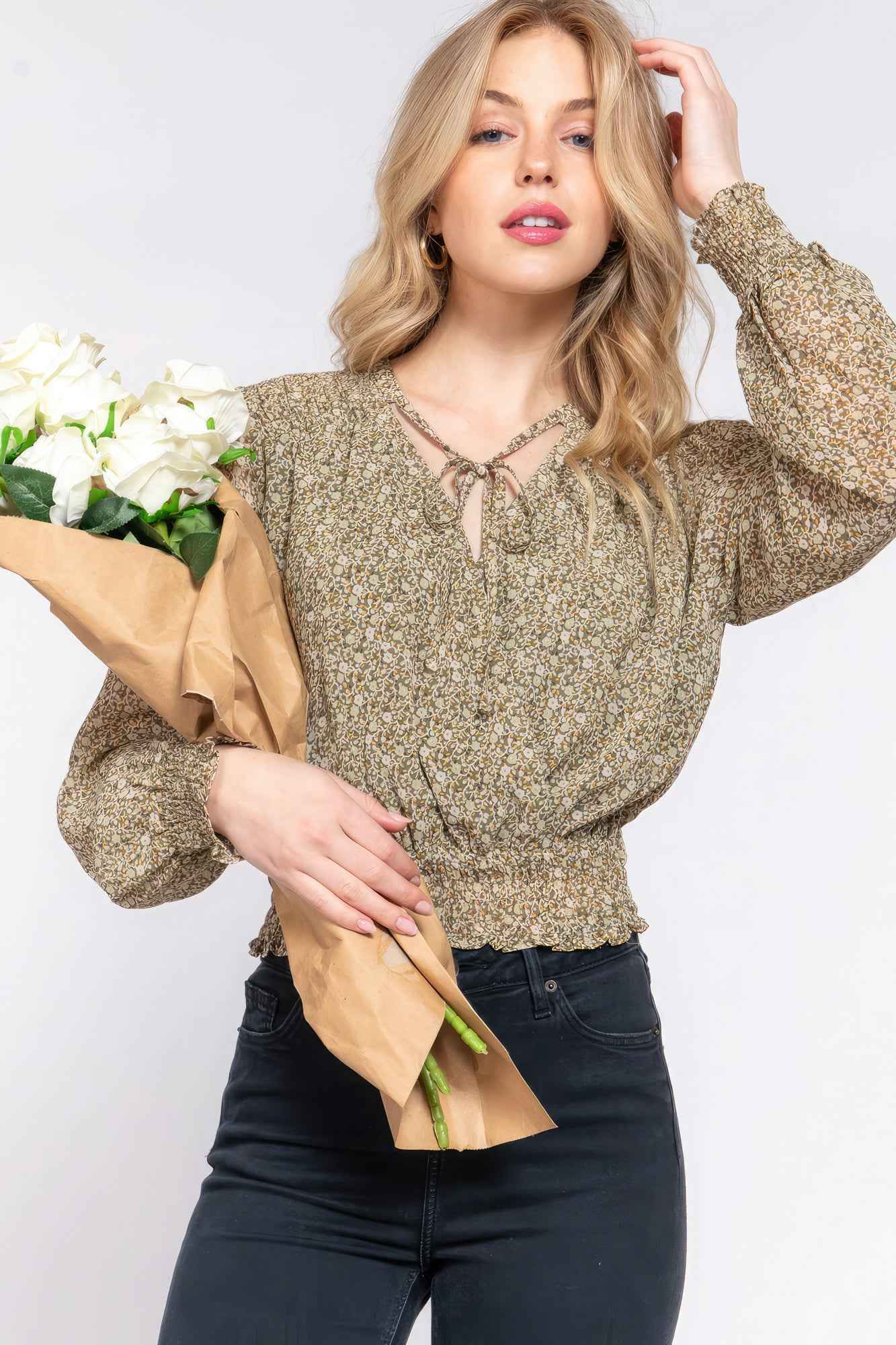 Sale - Surplice Smocked Print Chiffon Blouse – On Sale Now