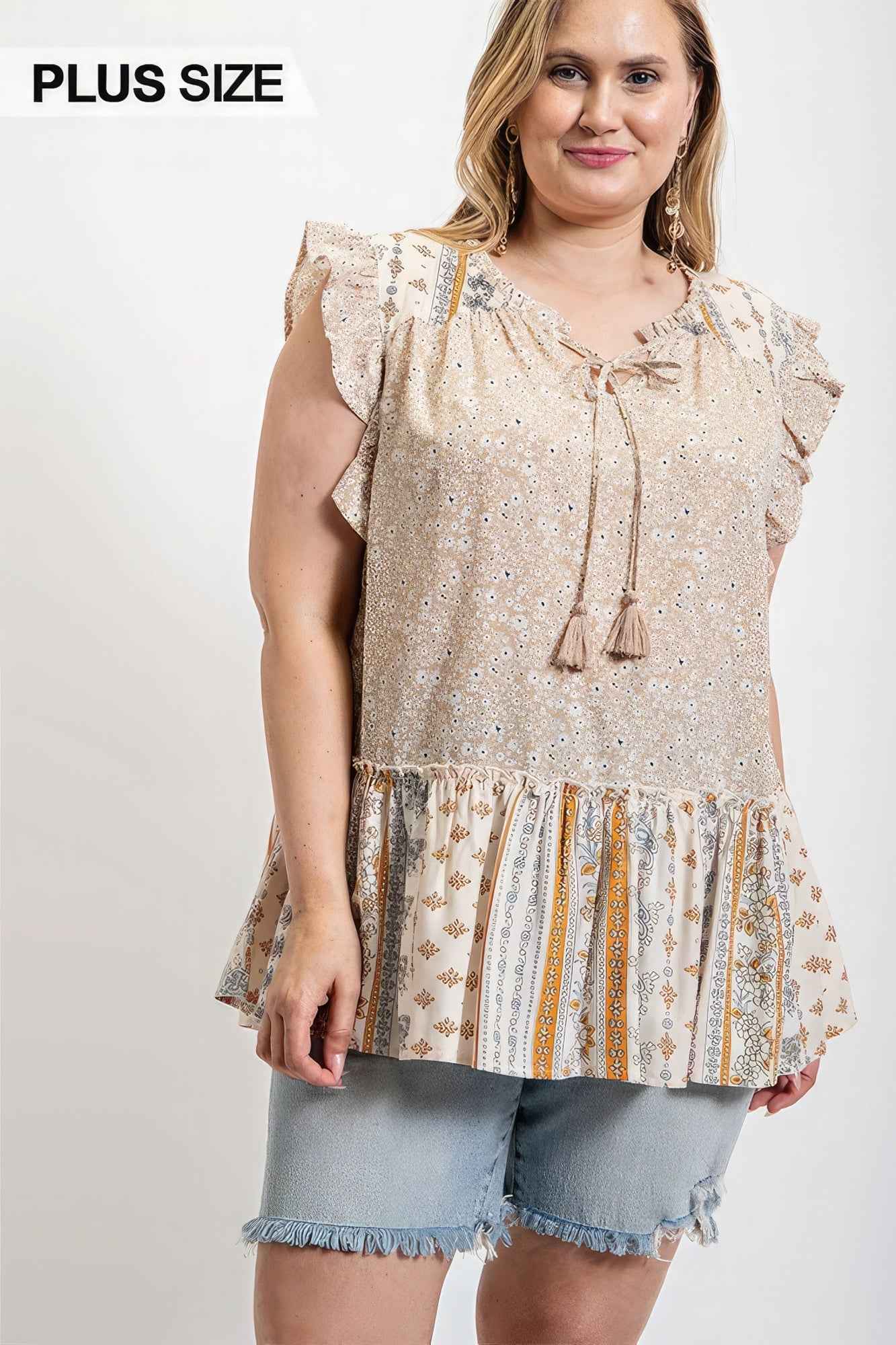 Plus Size Woven Prints Mixed And Sleeveless Flutter Top With Tassel Tie – Stylish & Comfortable – men’s fashion, stylish and versatile