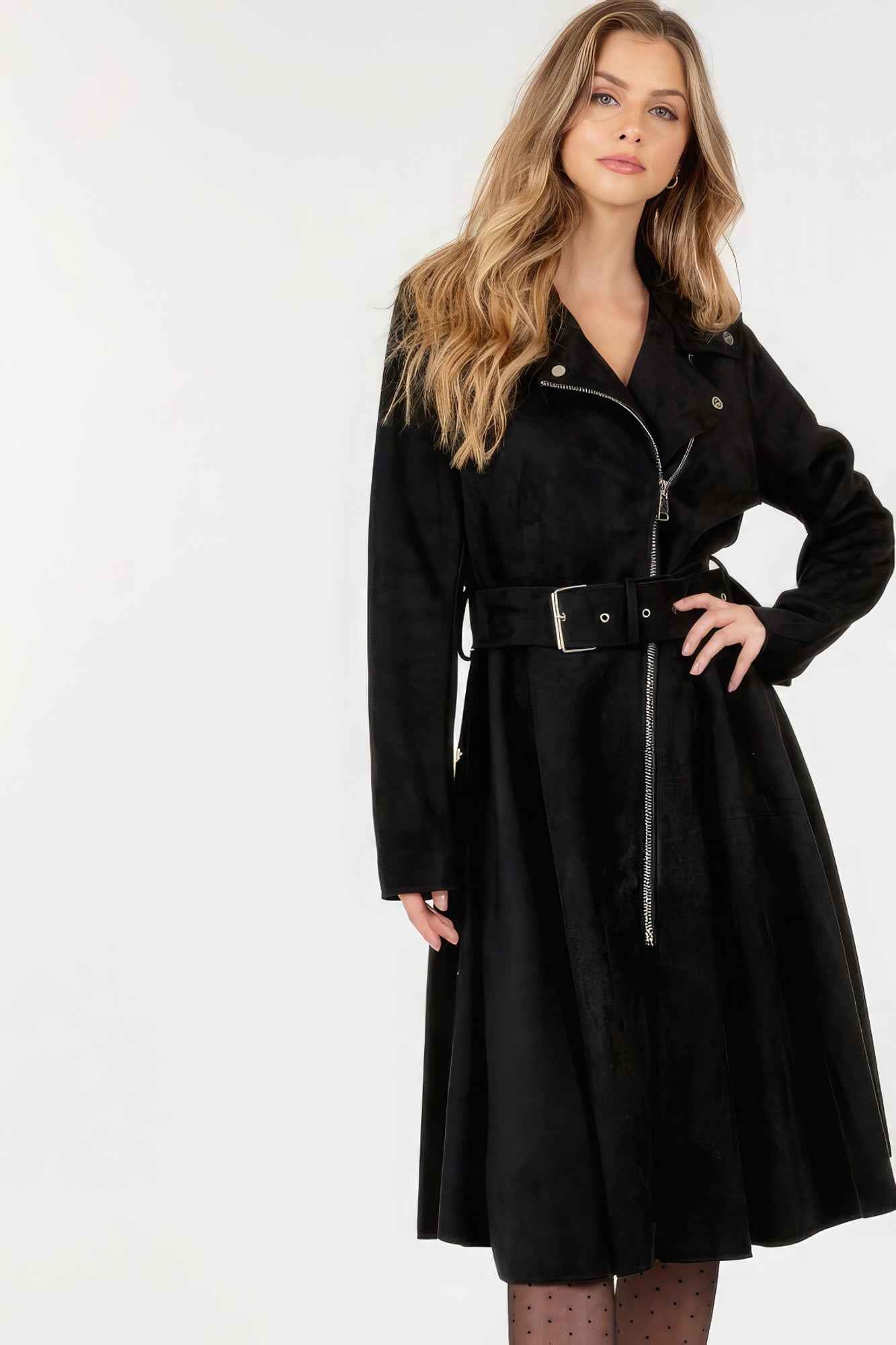 Sale - Waist Belt Tacked Faux Suede Coat Solid Coat – On Sale Now
