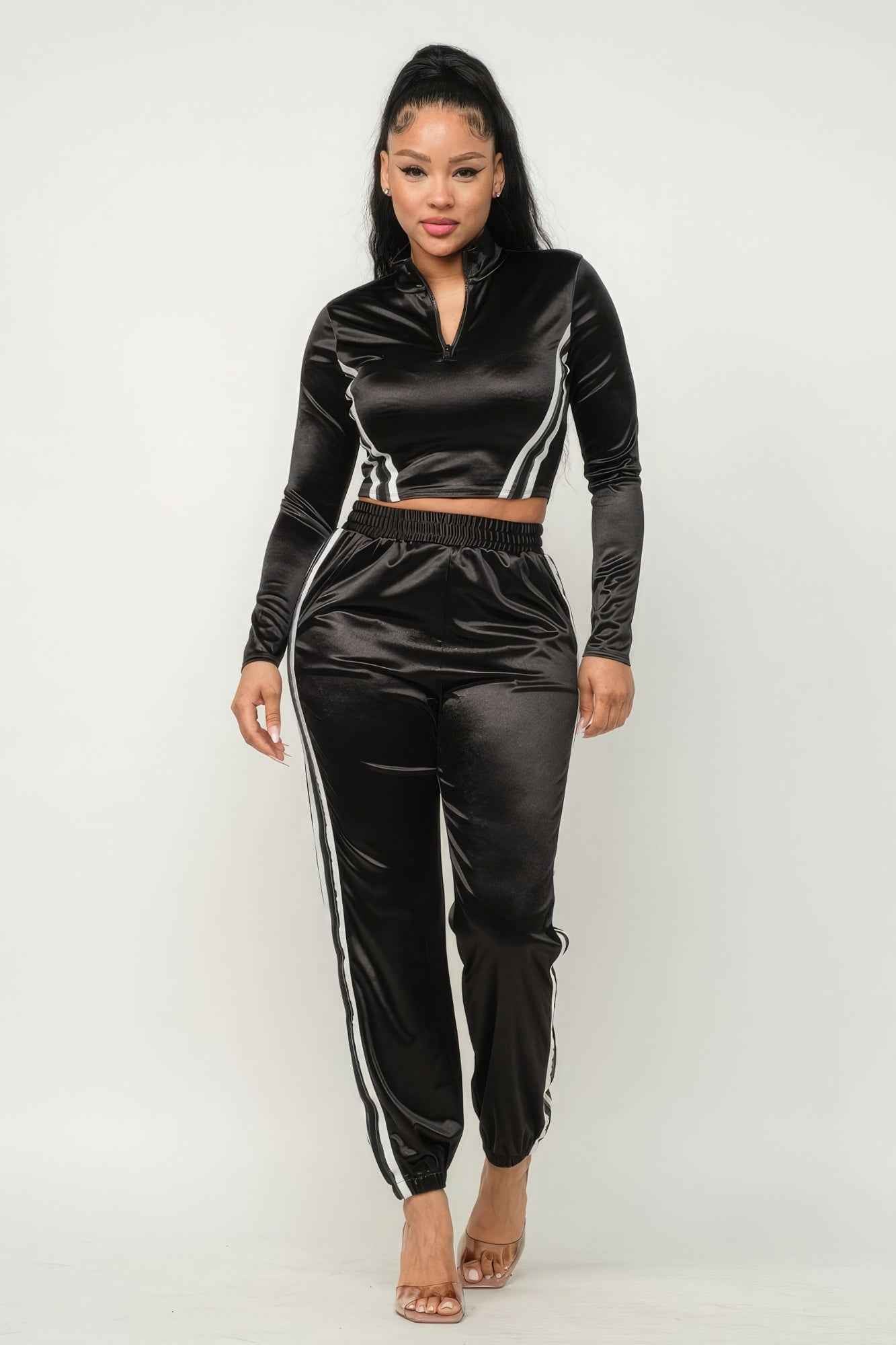 Front Zip Up Stripes Detail Jacket And Pants Set – black, fashion, women style