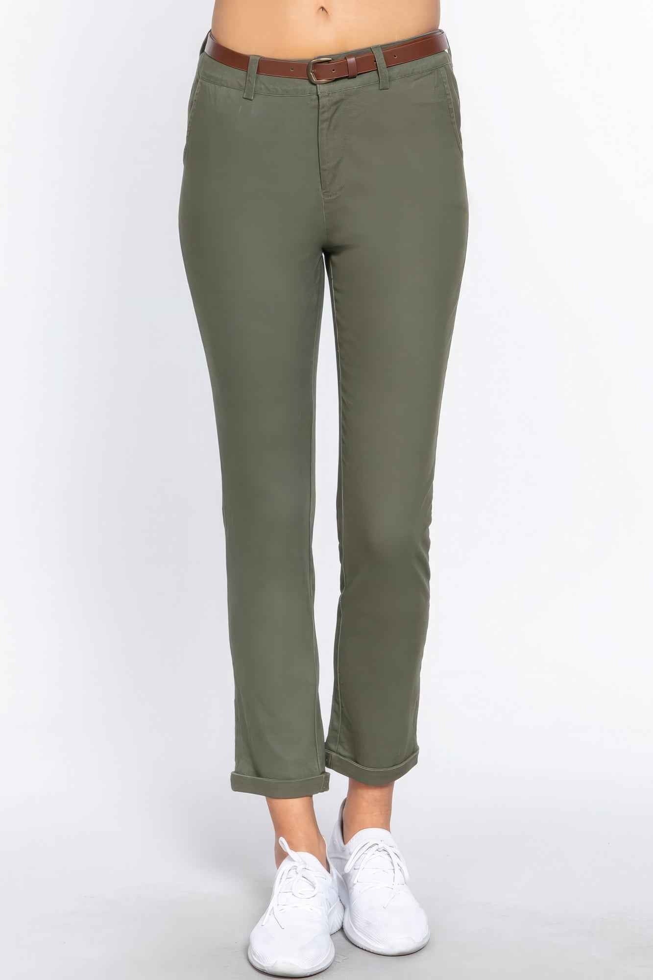 Cotton-span Twill Belted Long Pants – multicolor, fashion, women style