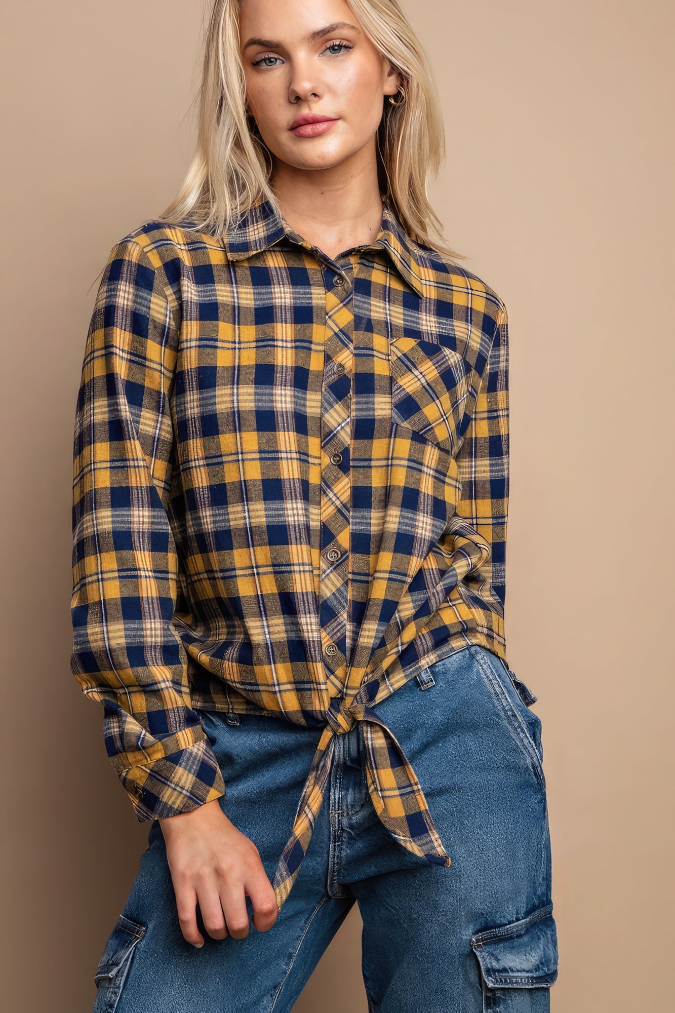 Sale - Tie Front Button Down Plaid Shirt With Front Pocket – On Sale Now