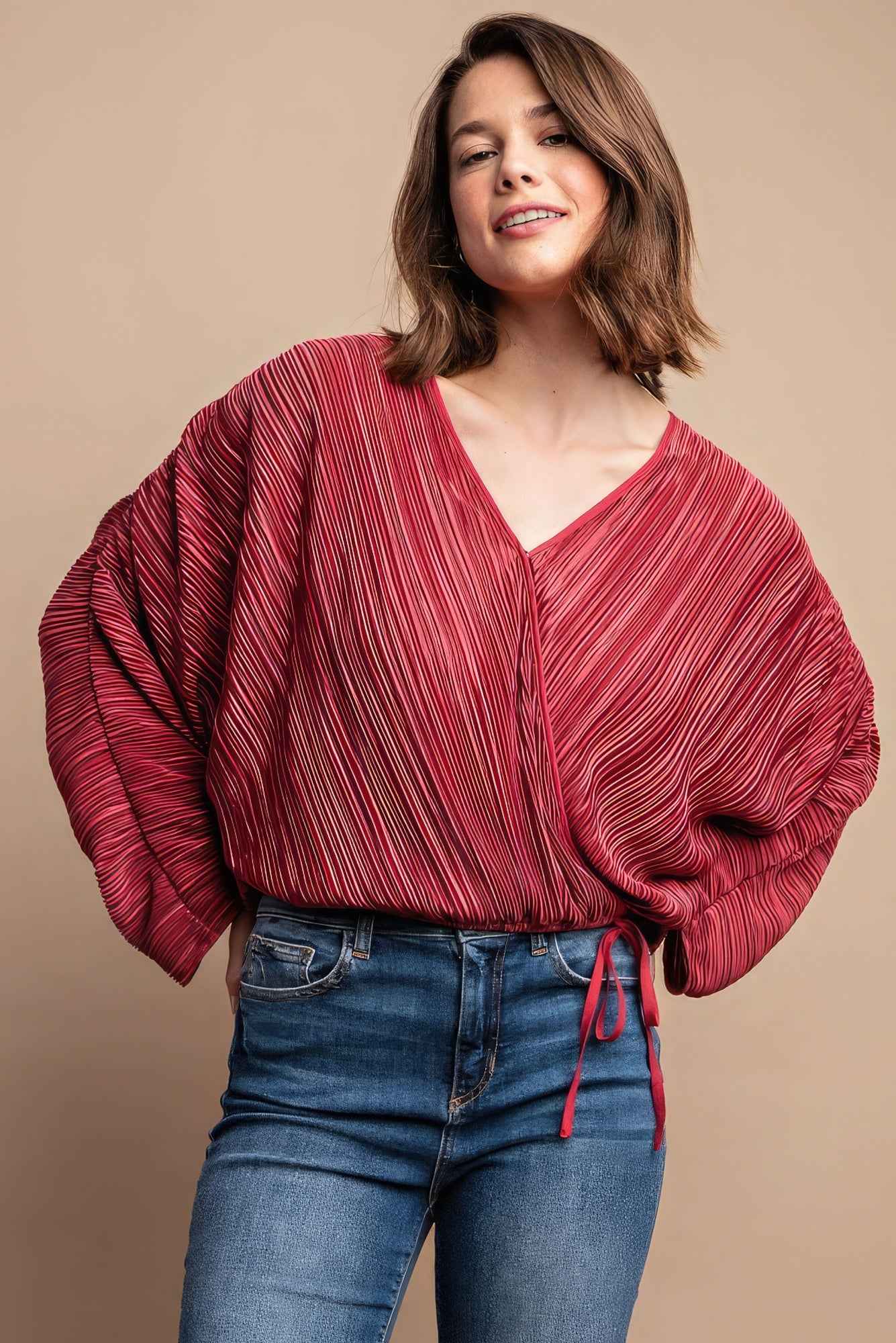 Sale - Satin Pleated Drawstring Top With Snap Button – On Sale Now