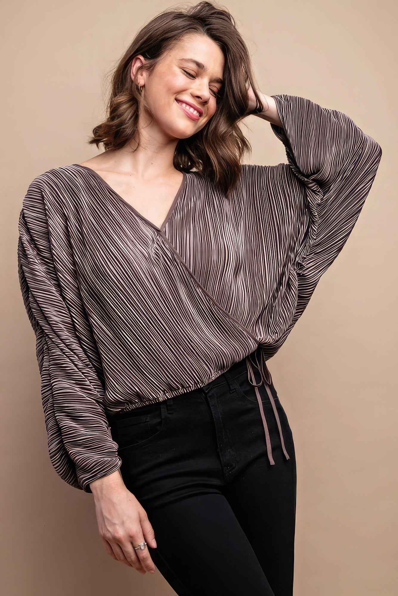 Sale - Satin Pleated Drawstring Top With Snap Button – On Sale Now
