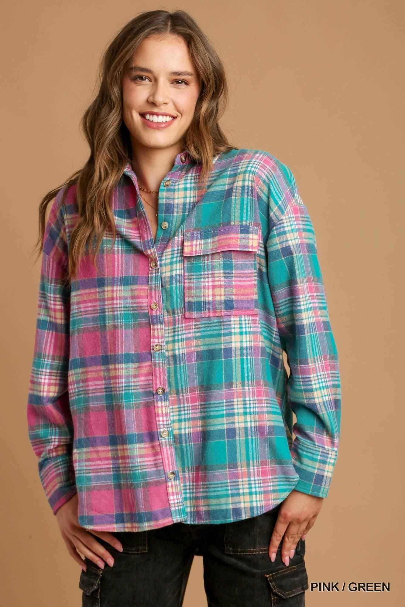 Sale - Mixed Plaid Boxy Cut Button Down Flannel With Front Pocket – On Sale Now