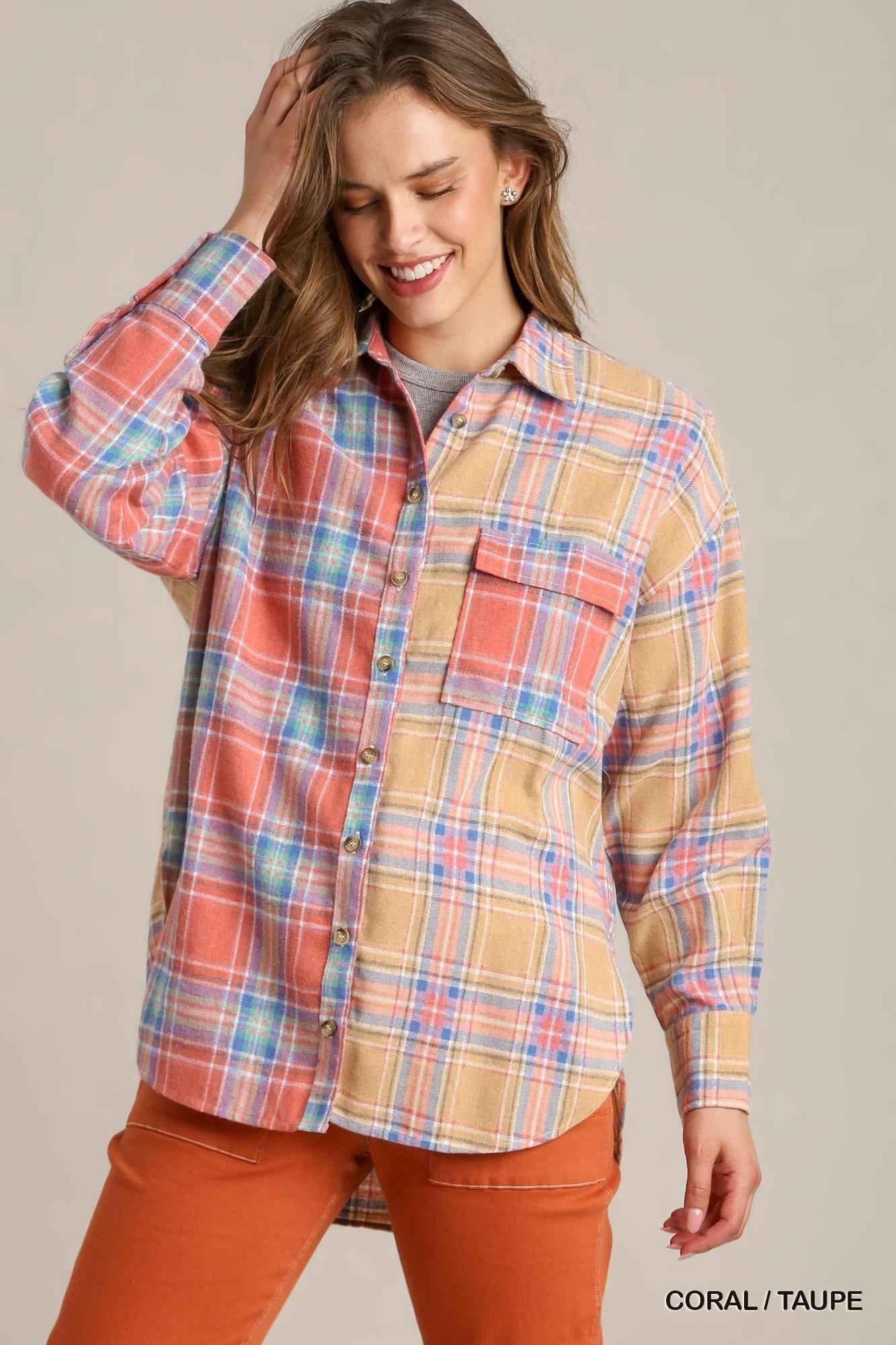 Sale - Mixed Plaid Boxy Cut Button Down Flannel With Front Pocket – On Sale Now
