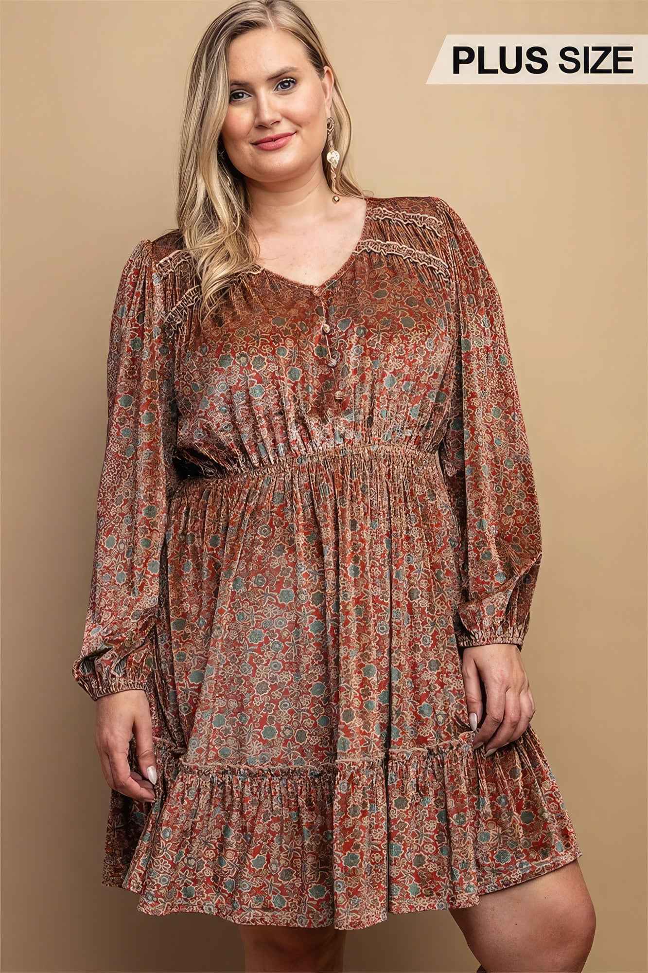 Plus Size Printed Velvet V-neck Dress With Button Front Detail โ Stylish & Comfortable โ menโs fashion, stylish and versatile