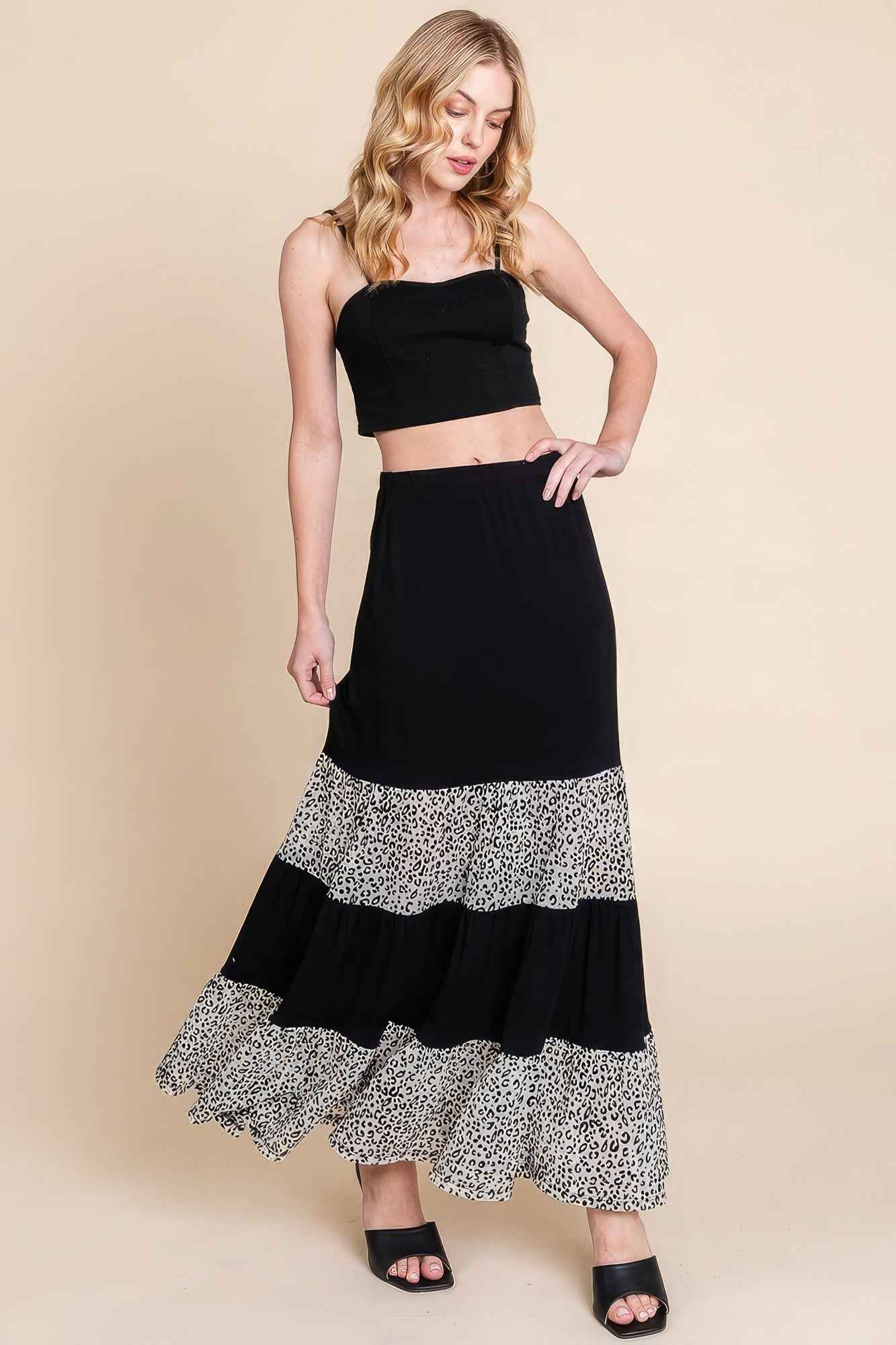 Sale - Long Tiered Contrast Fashion Skirt With Velvet Animal Print Mesh – On Sale Now