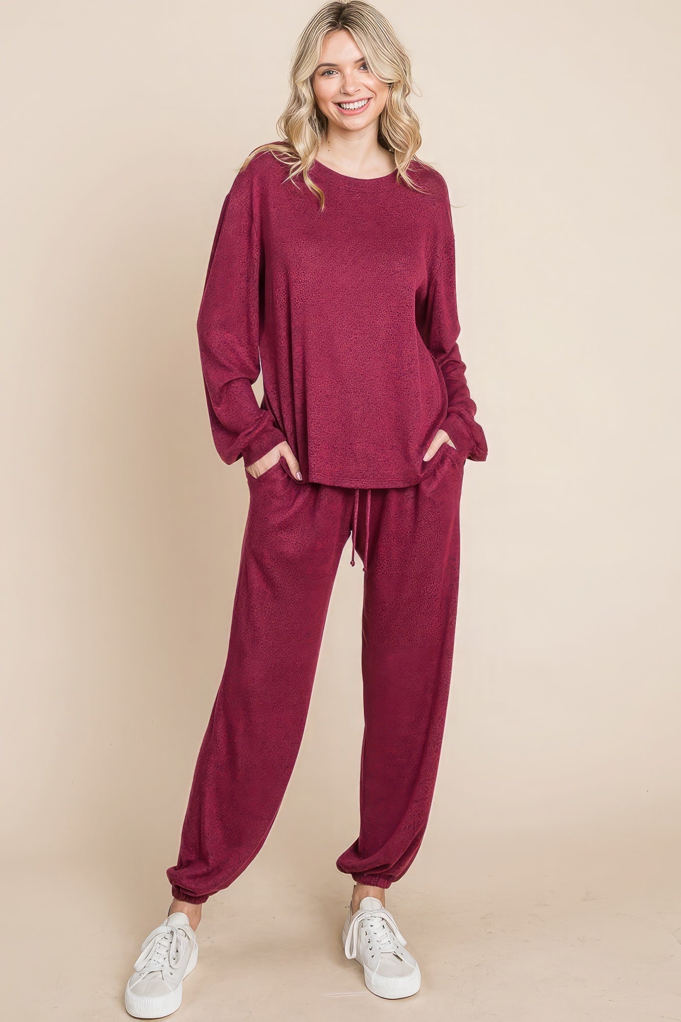 Sale - Two Tone Solid Warm And Soft Hacci Brush Loungewear Set – On Sale Now