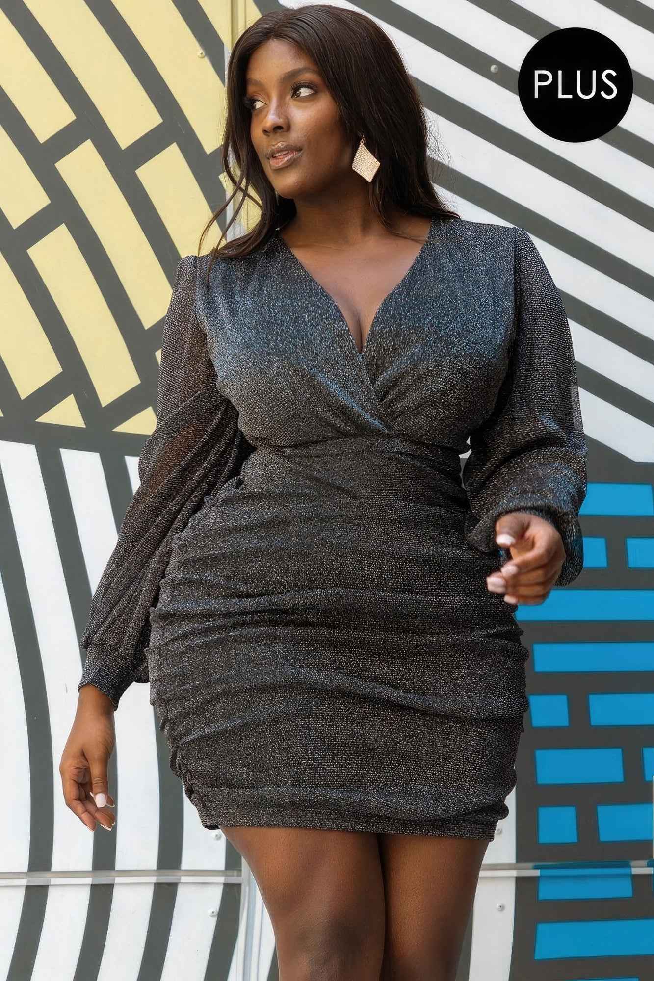 Plus Size Glitter Mesh Shirring Side Plus Mini Dress – Stylish & Comfortable – men’s fashion, stylish and versatile