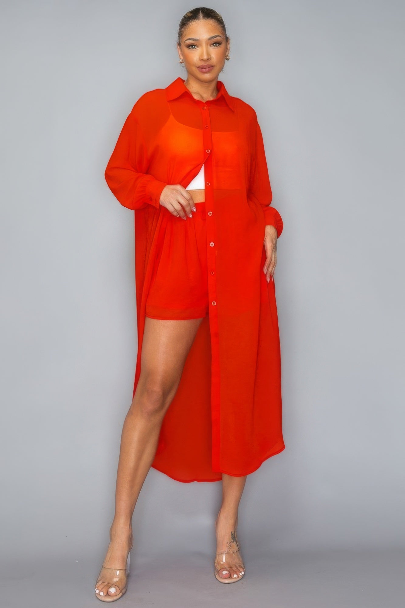 Sale - Chiffon Button Down Long Sleeve Side Slit Long Top With Short Set – On Sale Now