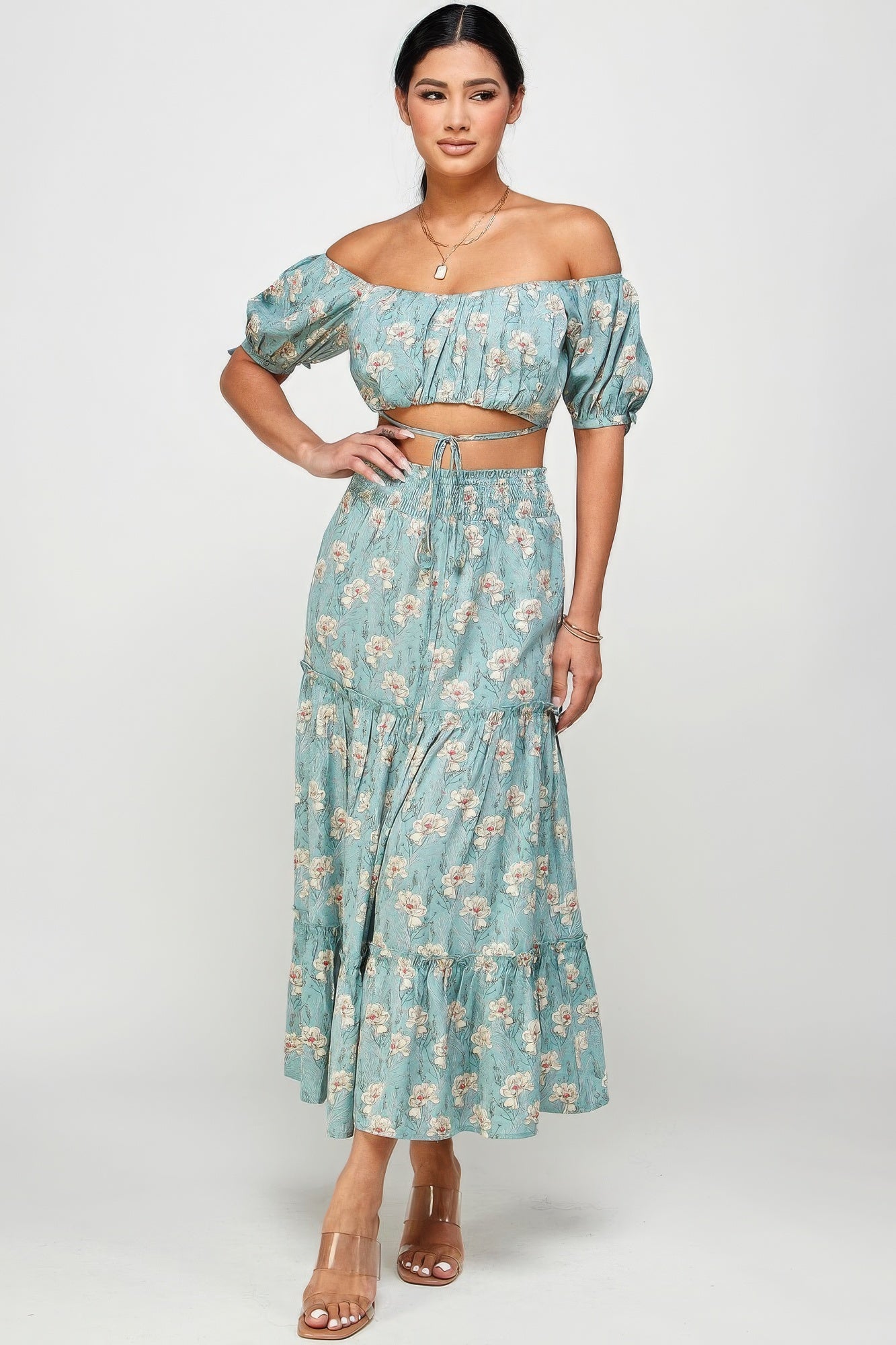 Sale - Floral Off Shoulder Set with Sleeve Back Tie Top and Skirt – On Sale Now