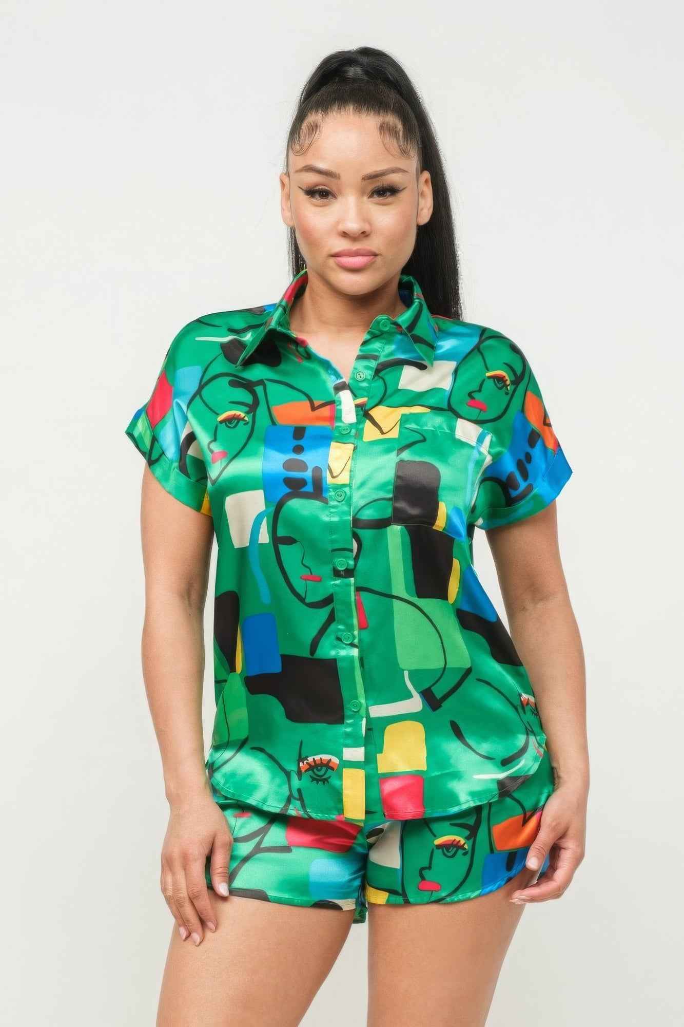Sale - Satin Dolman Print Button Down Top And Shorts Set – On Sale Now