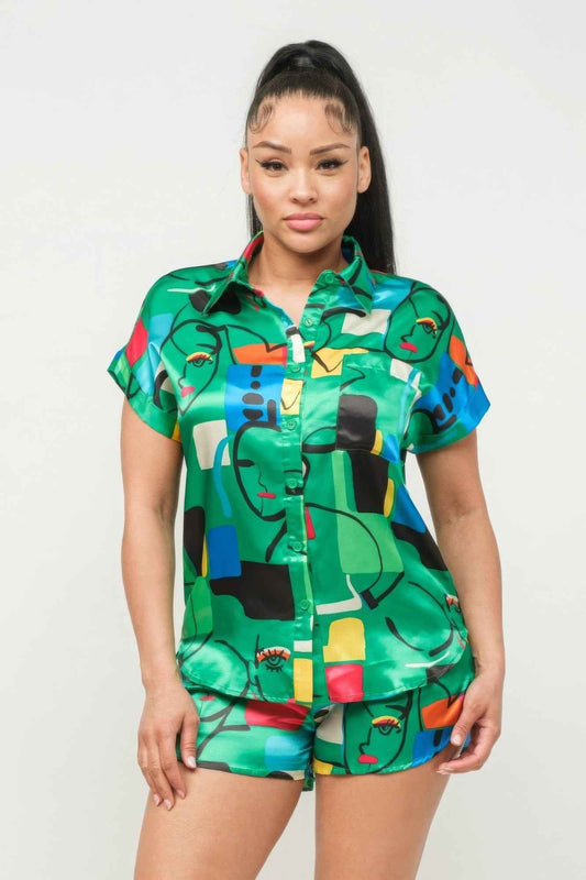Sale - Satin Dolman Print Button Down Top And Shorts Set – On Sale Now