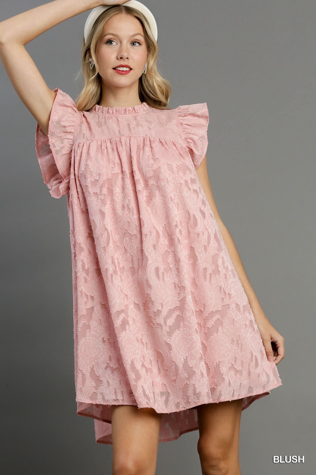 Sale - Jacquard Lace Ruffle Short Sleeve Dress With Back Button Keyhole – On Sale Now