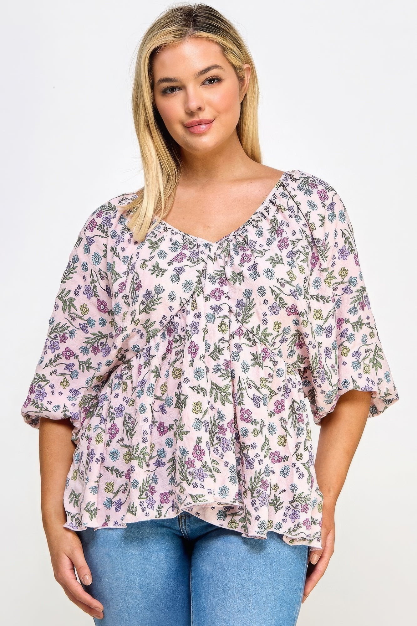 Plus Size Floral V-neck Babydoll Balloon Slv Top β Stylish & Comfortable β menβs fashion, stylish and versatile