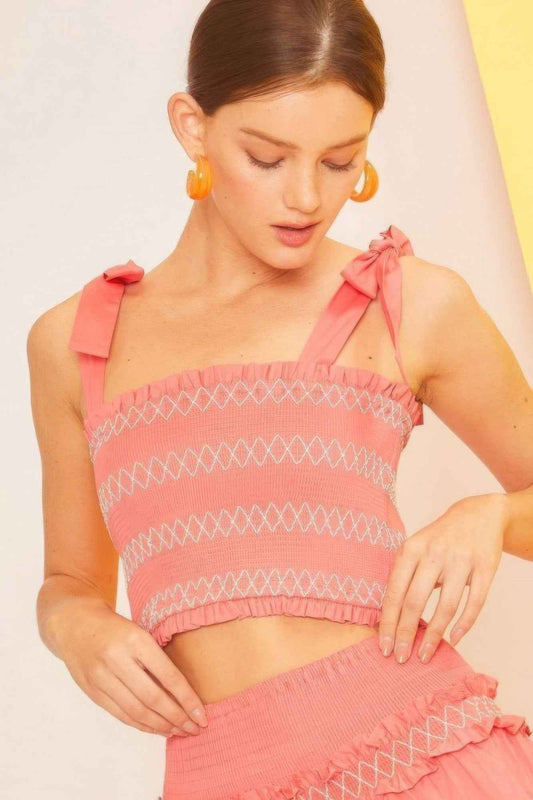 New Arrival – Self Tie Shoulder Smocking Ruffle Crop Top – New Arrival Now Live