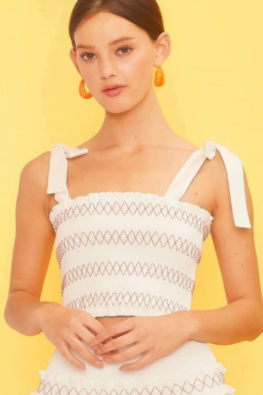 New Arrival – Self Tie Shoulder Smocking Ruffle Crop Top – New Arrival Now Live