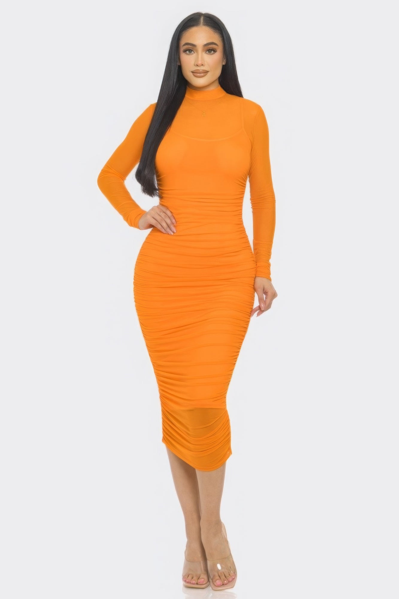 New Arrival – Solid Mesh Ruched Midi Dress – New Arrival Now Live