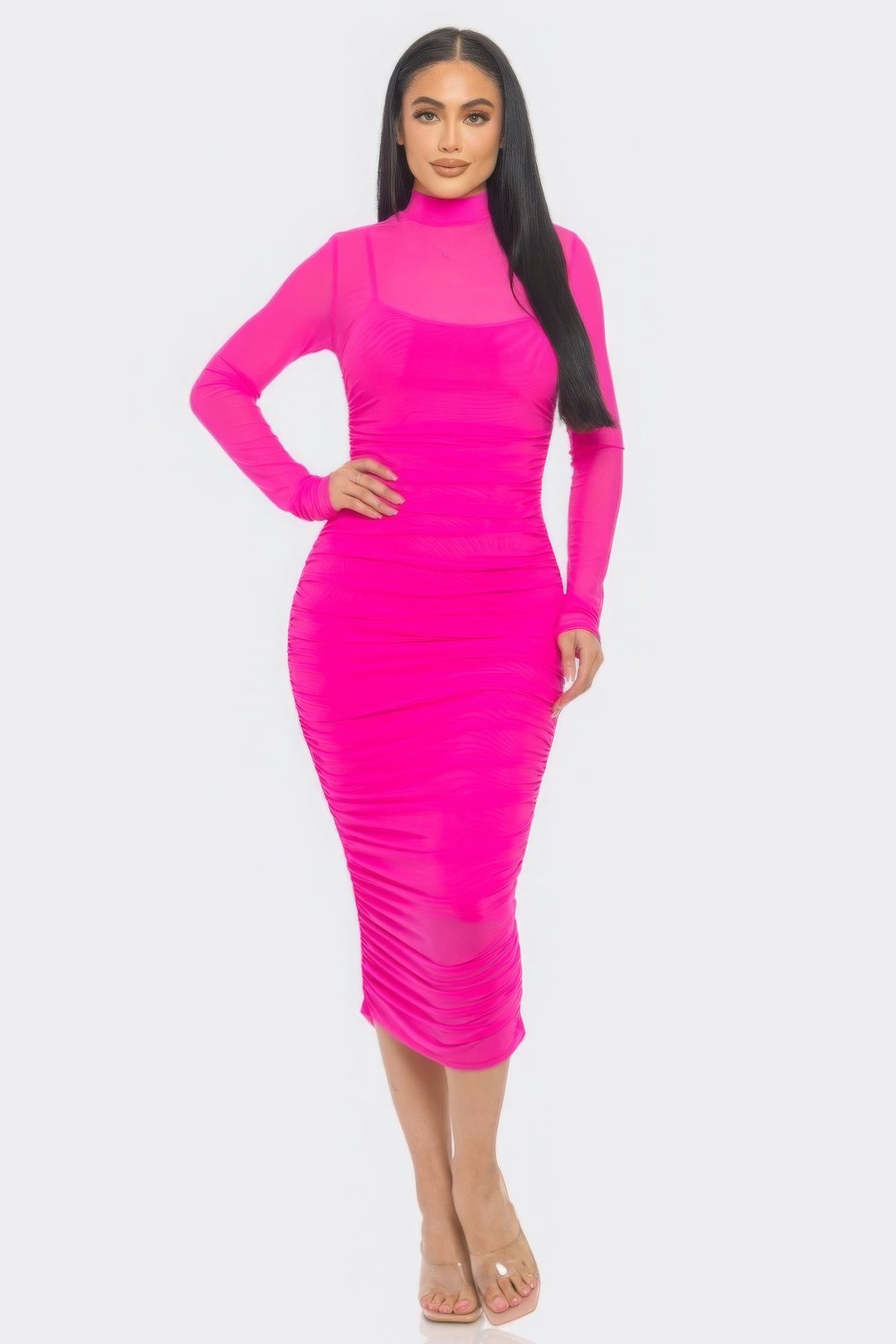 New Arrival – Solid Mesh Ruched Midi Dress – New Arrival Now Live