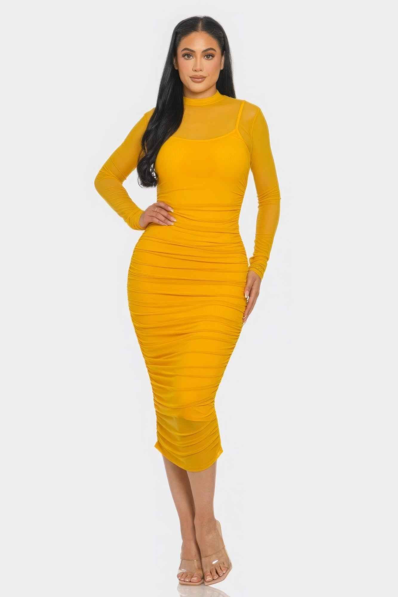 New Arrival – Solid Mesh Ruched Midi Dress – New Arrival Now Live