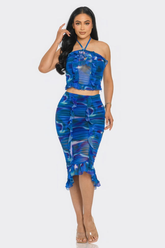 New Arrival – Tropical Waters Print Mesh Ruffle Halter Skirt Set – New Arrival Now Live