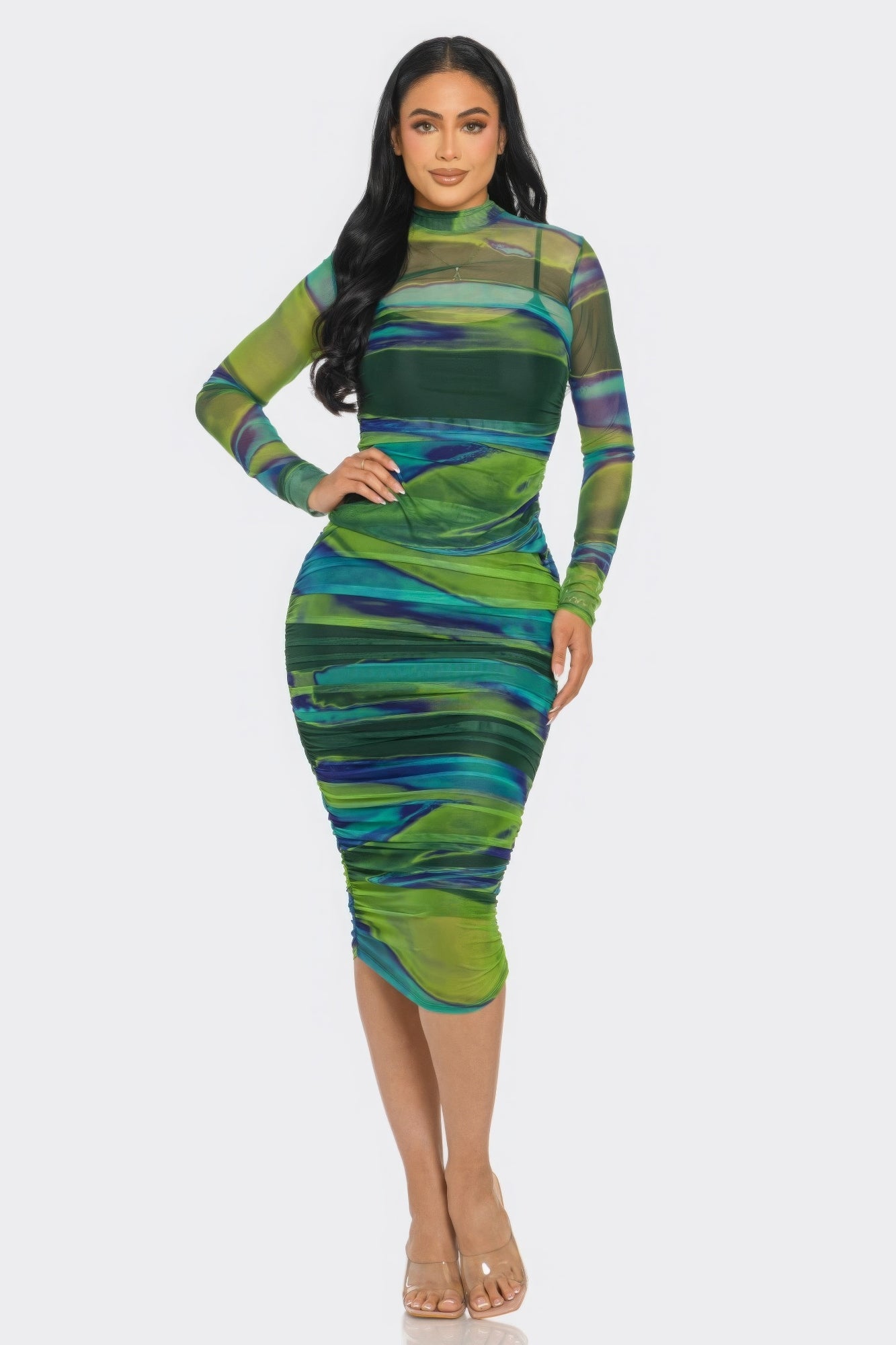 New Arrival – Glitch Print Mesh Ruched Midi Dress – New Arrival Now Live