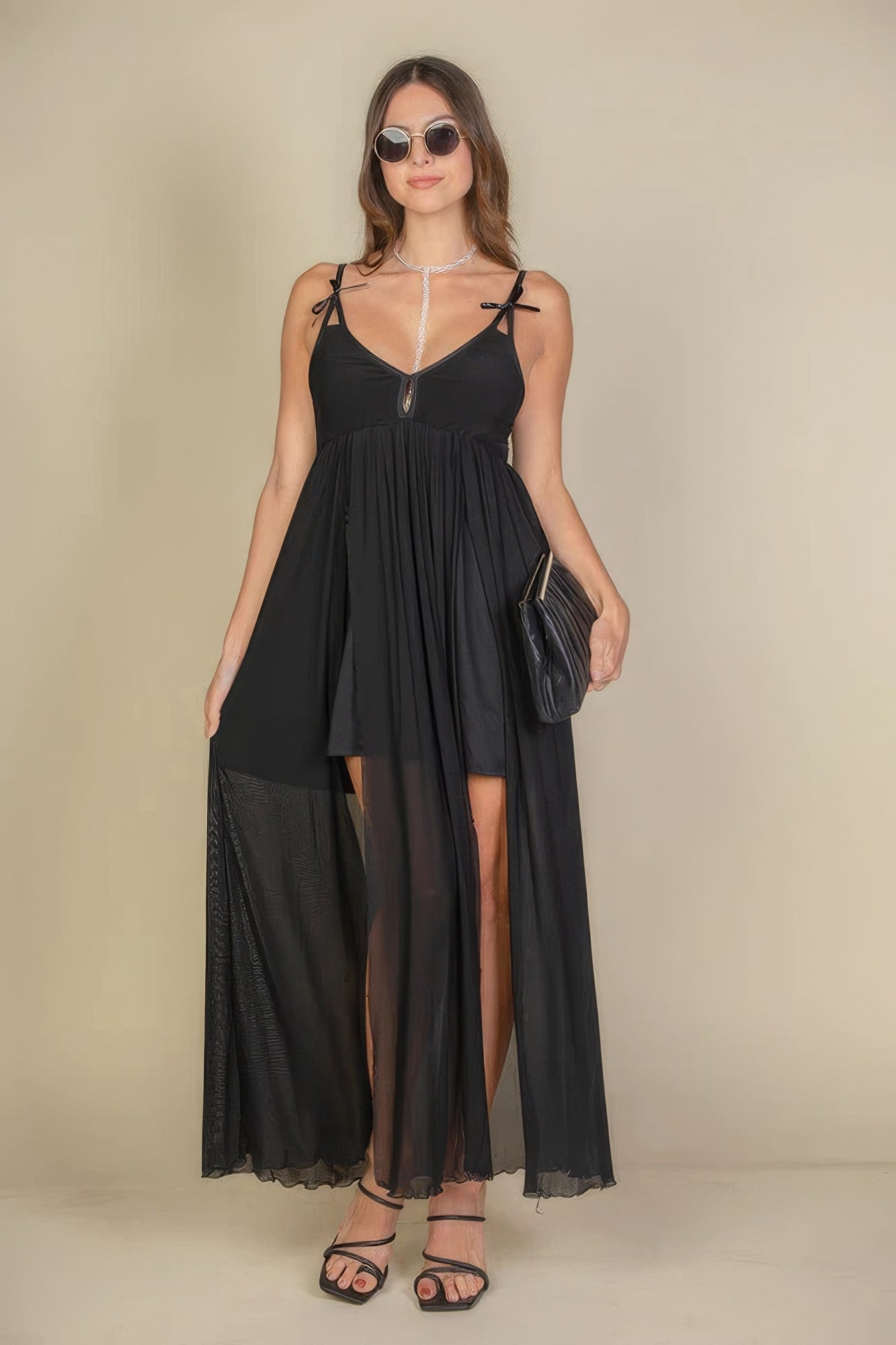 New Arrival – Plunge Neck Split Thigh Mesh Maxi Dress – New Arrival Now Live